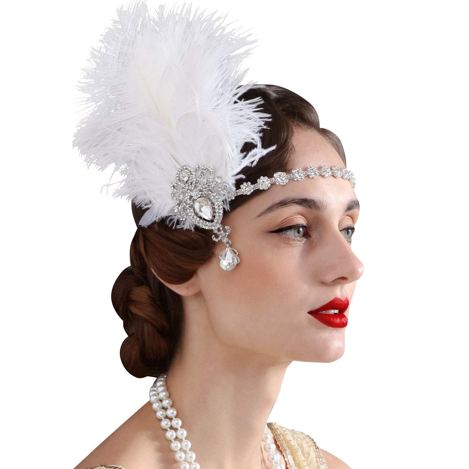 SWEETV Diadema de plumas de los años 20, color marfil, diadema de cristal de plumas de avestruz, accesorios para el cabello de gran Gatsby para