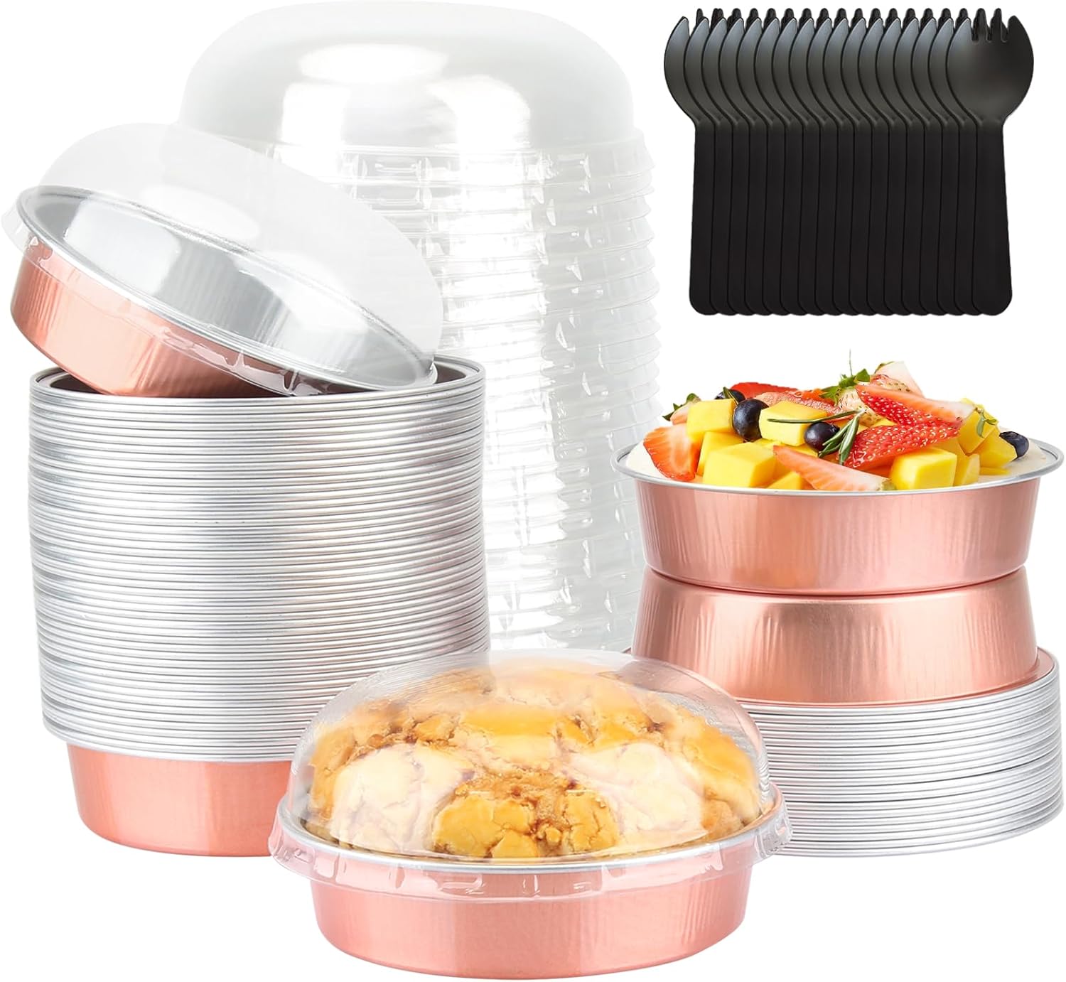 LNYZQUS – Mini moldes para pasteles de 8 onzas con tapas, paquete de 50 moldes desechables de 4 pulgadas, moldes pequeños para tartas de papel de
