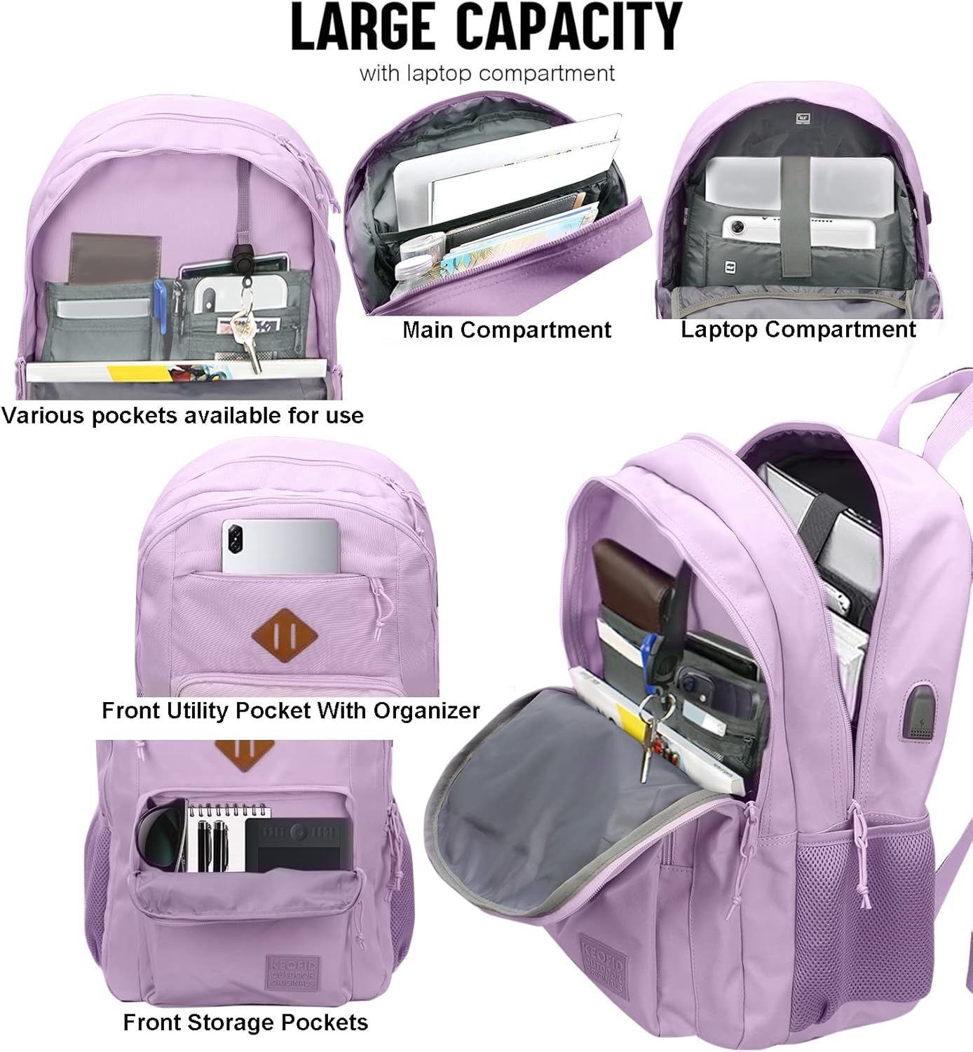 Mochila de viaje clásica de mano para hombres y mujeres, mochila antirrobo para computadora portátil con puerto de carga USB, Púrpura, Mochilas de