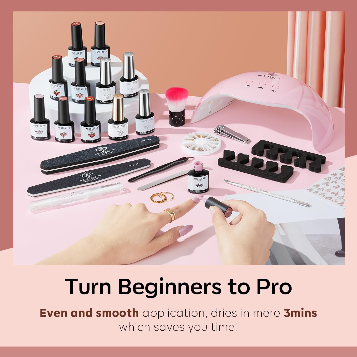 Modelones Kit de manicura de uñas de gel con lámpara de secado de uñas con luz UV, 28 colores nude, marrón, rosa, rojo, kit de iniciación de esmalte