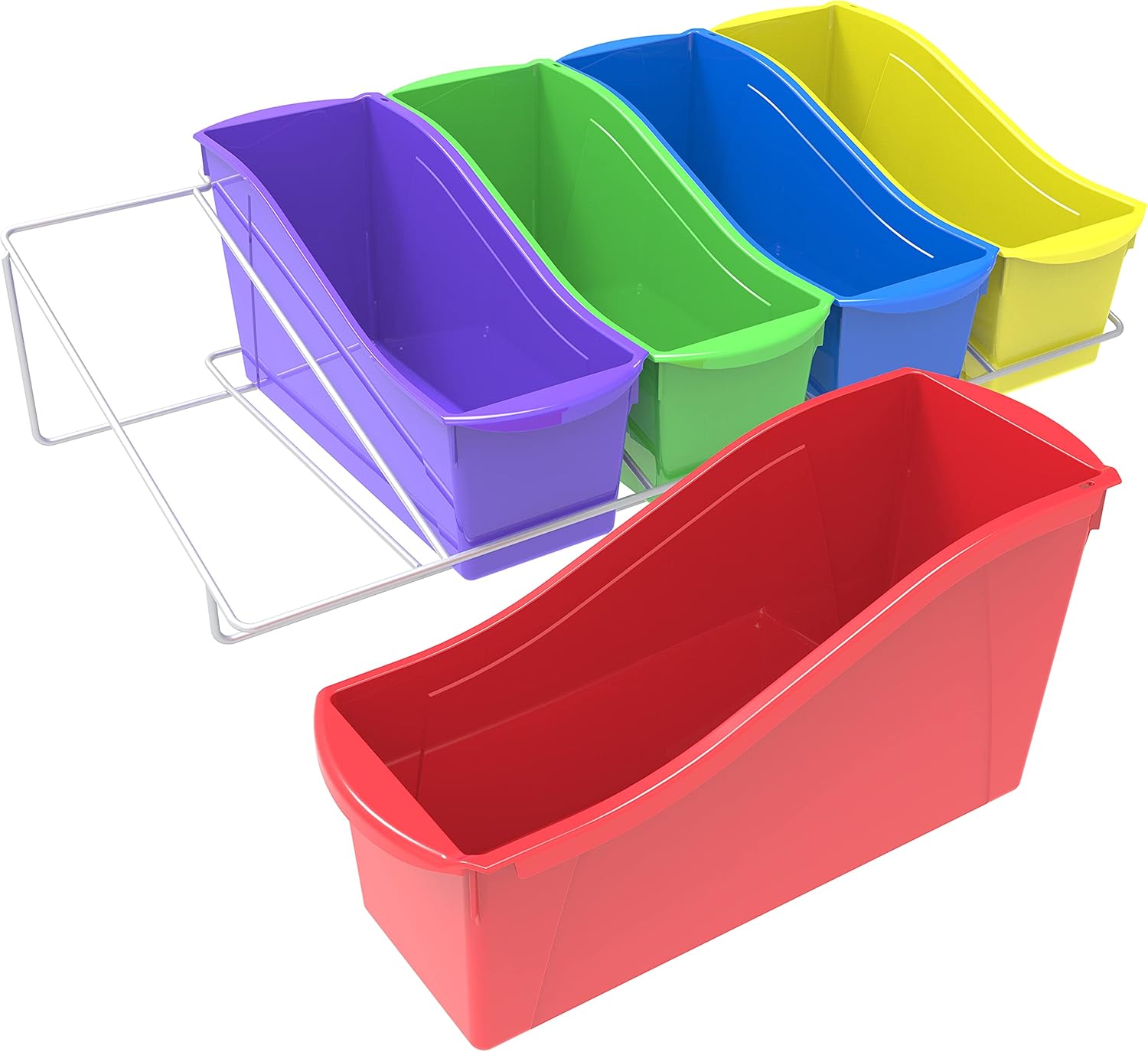 Storex Juego de 5 contenedores grandes para libros, estante de metal incluido, varios colores (71125U01C)