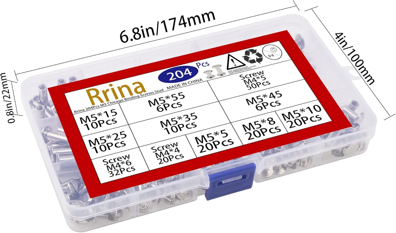 Rrina 204 piezas M5 Chicago Tornillos de encuadernación Stud Posts Remache Botón Surtido Kit para DIY Scrapbook Photo Álbumes de Fotos