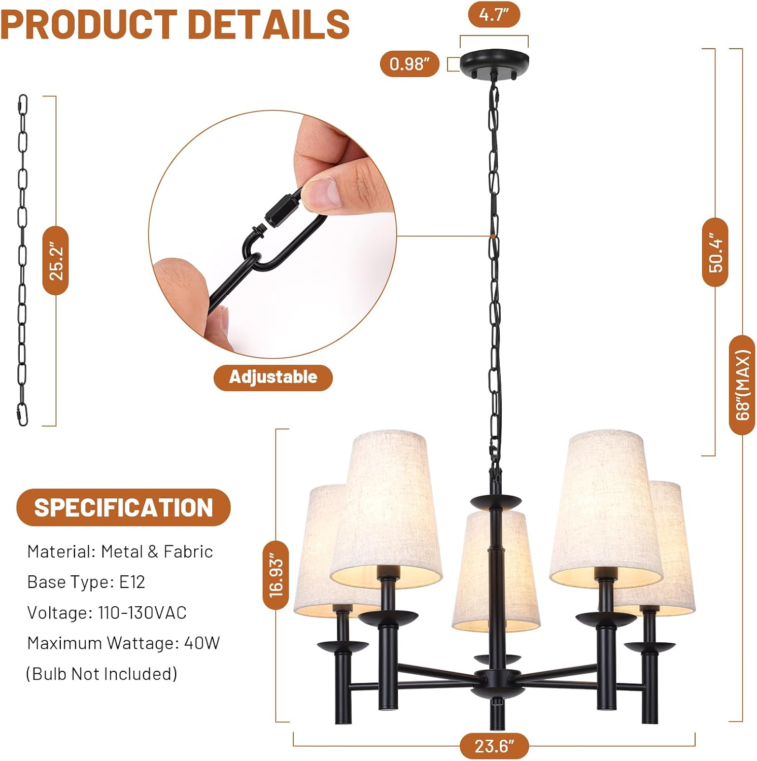 Lámpara de araña moderna de 5 luces con pantalla de tela blanca, lámpara colgante lineal de metal negro para comedor, lámpara colgante industrial
