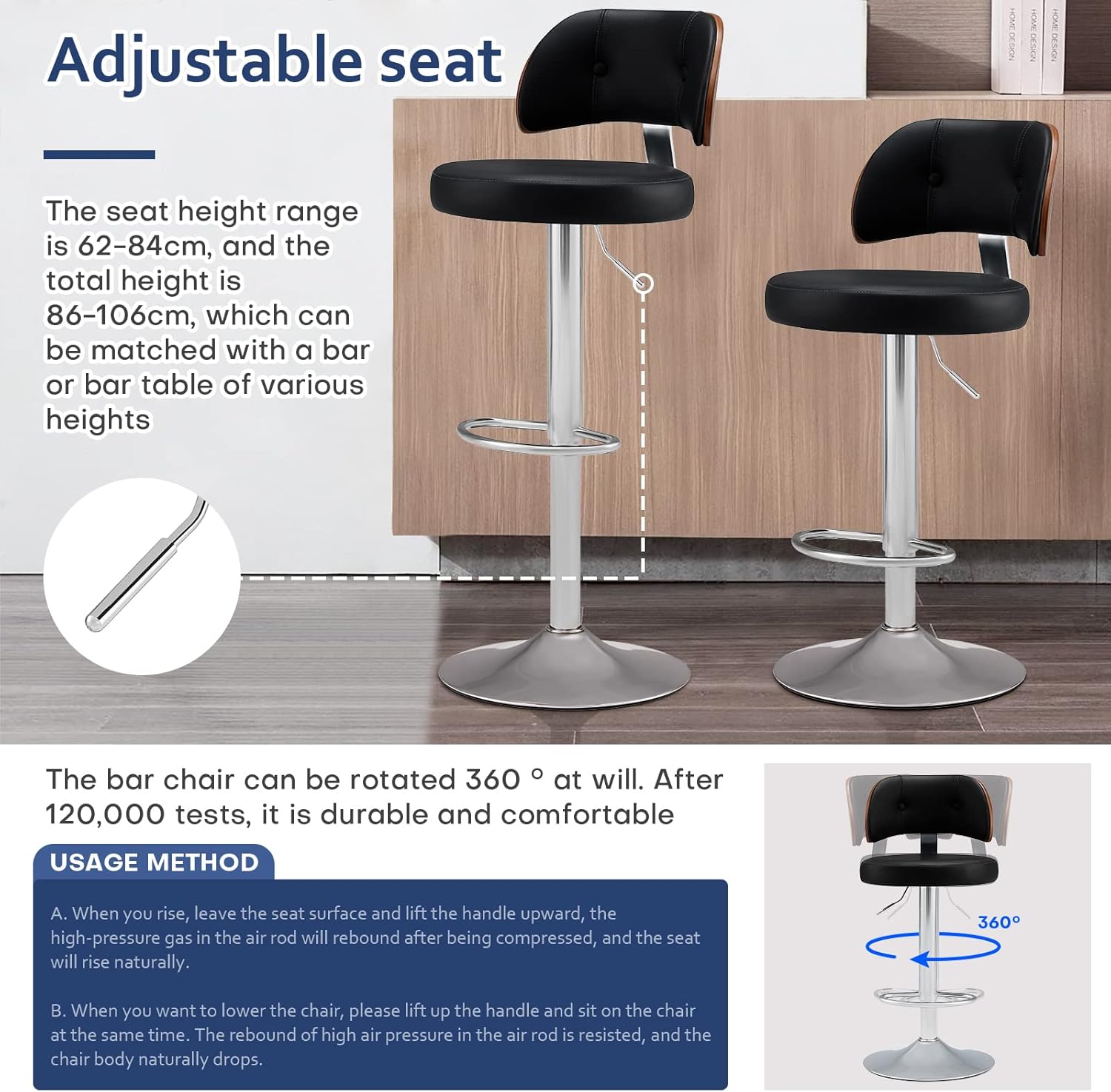 RêveLife Taburete de bar giratorio tapizado de piel sintética, taburete ajustable de altura de mostrador, silla de bar moderna de madera curvada con
