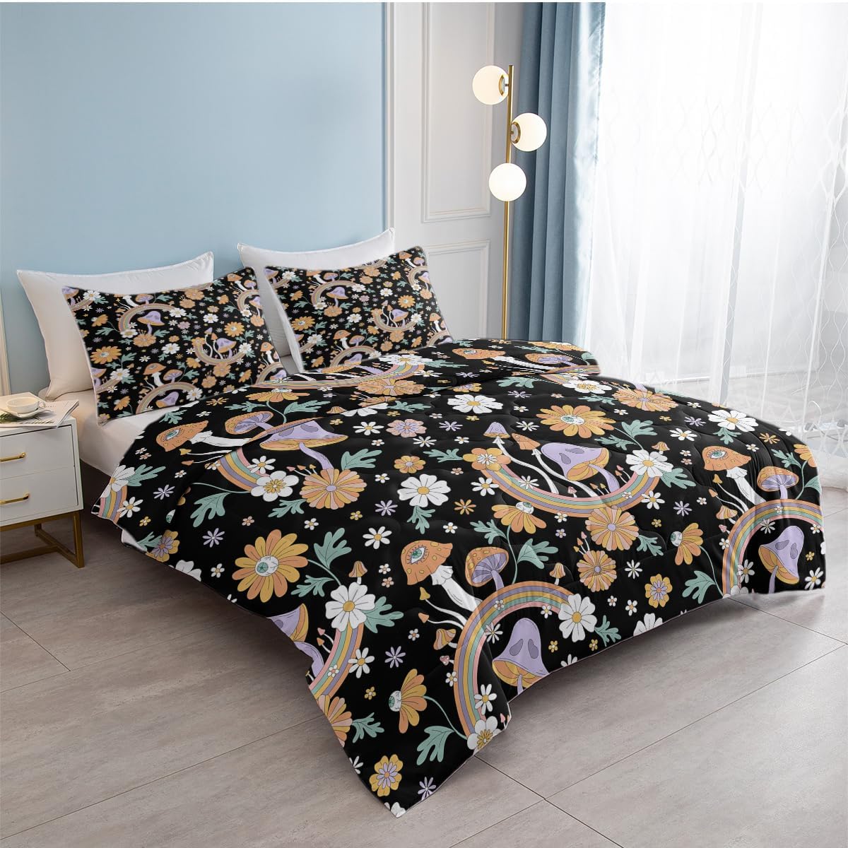 SOULZZZ Juego de ropa de cama retro de hongos hippie tamaño matrimonial, edredón floral de hongos margaritas para niñas y mujeres, edredón negro con