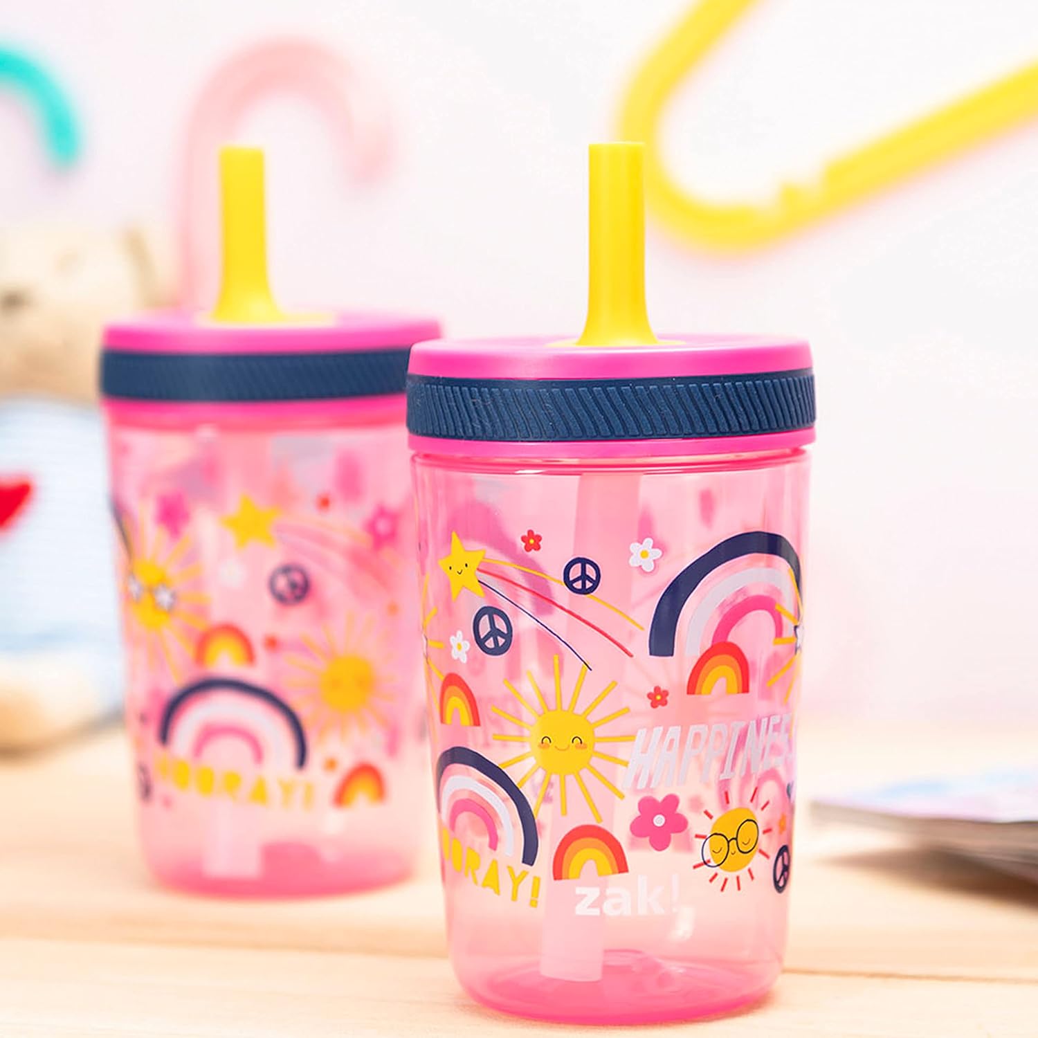 Zak Designs Kelso – Juego de vasos de 15 onzas, (Starpower) sin BPA a prueba de fugas con tapa de rosca con pajilla, hecho de plástico duradero y