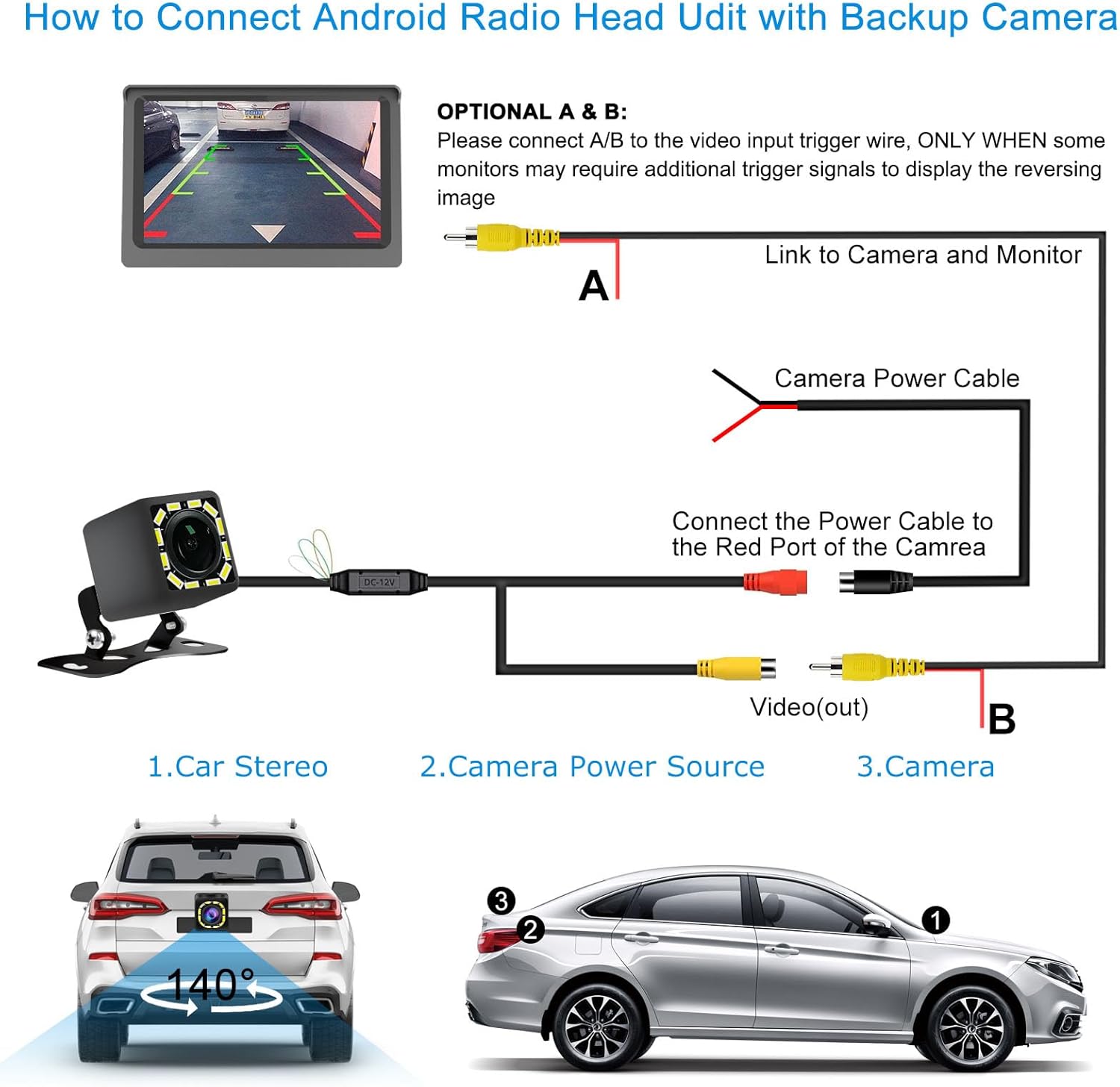 Cámara de respaldo para automóvil, cámara de visión trasera, ultra HD, 12 luces LED, 140 grados, ojo de pez, gran angular, cámara de visión trasera,