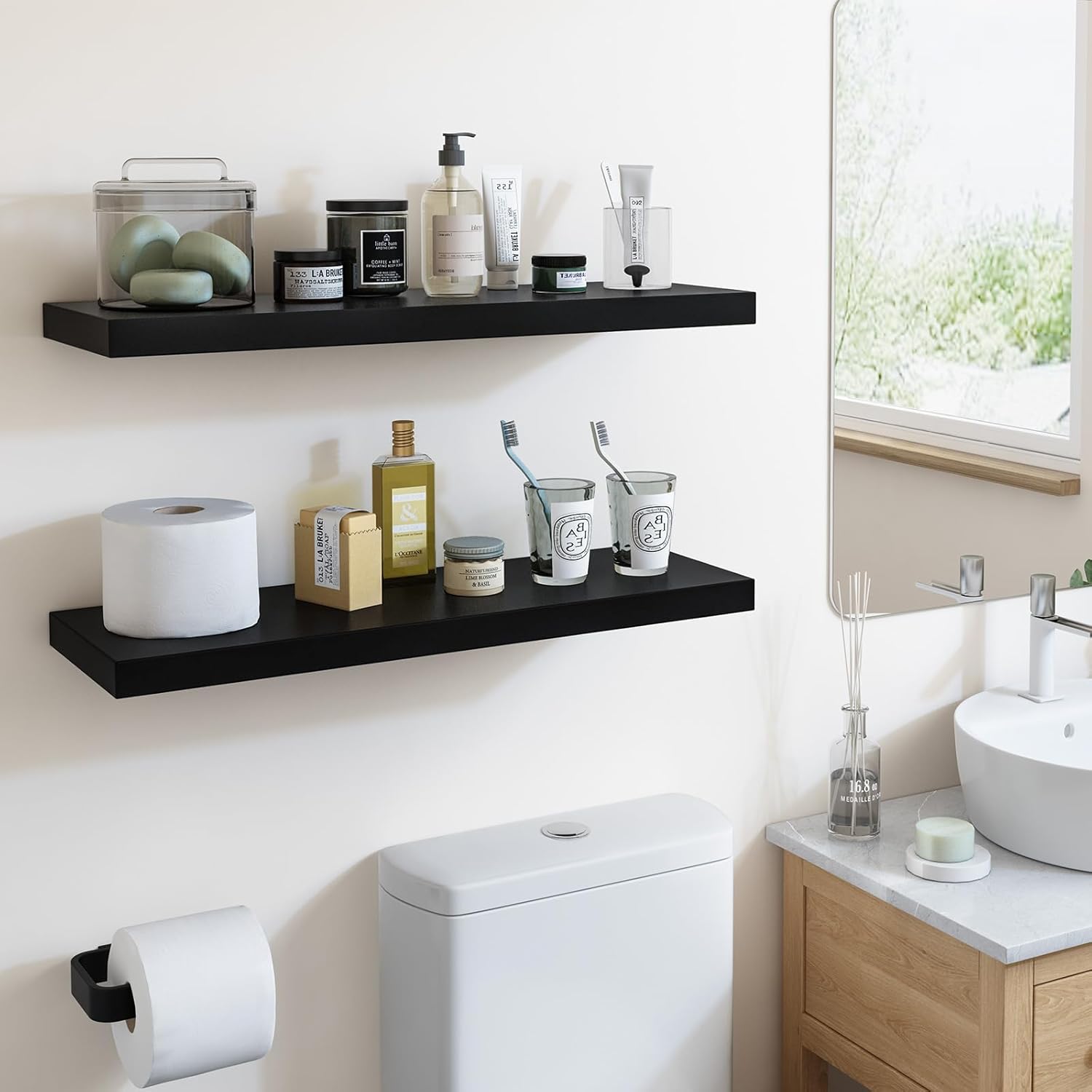 Fixwal Estantes flotantes de 24 pulgadas para pared, estantes negros para montar en la pared con soporte invisible para baño, sala de estar,