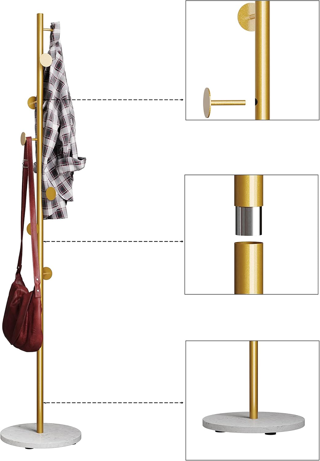 TIEOU Perchero de pie dorado, para sombreros, perchero de metal para bufandas, mochilas, bolsos, perchero simple, elegante árbol de abrigo con base