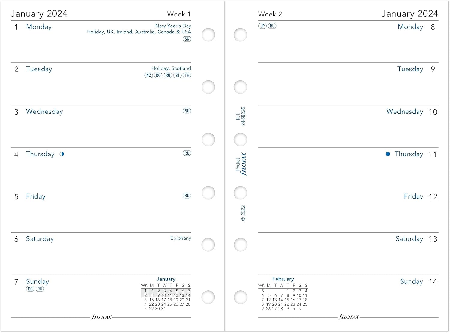 Filofax Recambio de diario de calendario, tamaño de bolsillo, semana en una página, papel blanco, sin rayas, inglés, 2024 (C68226-24)