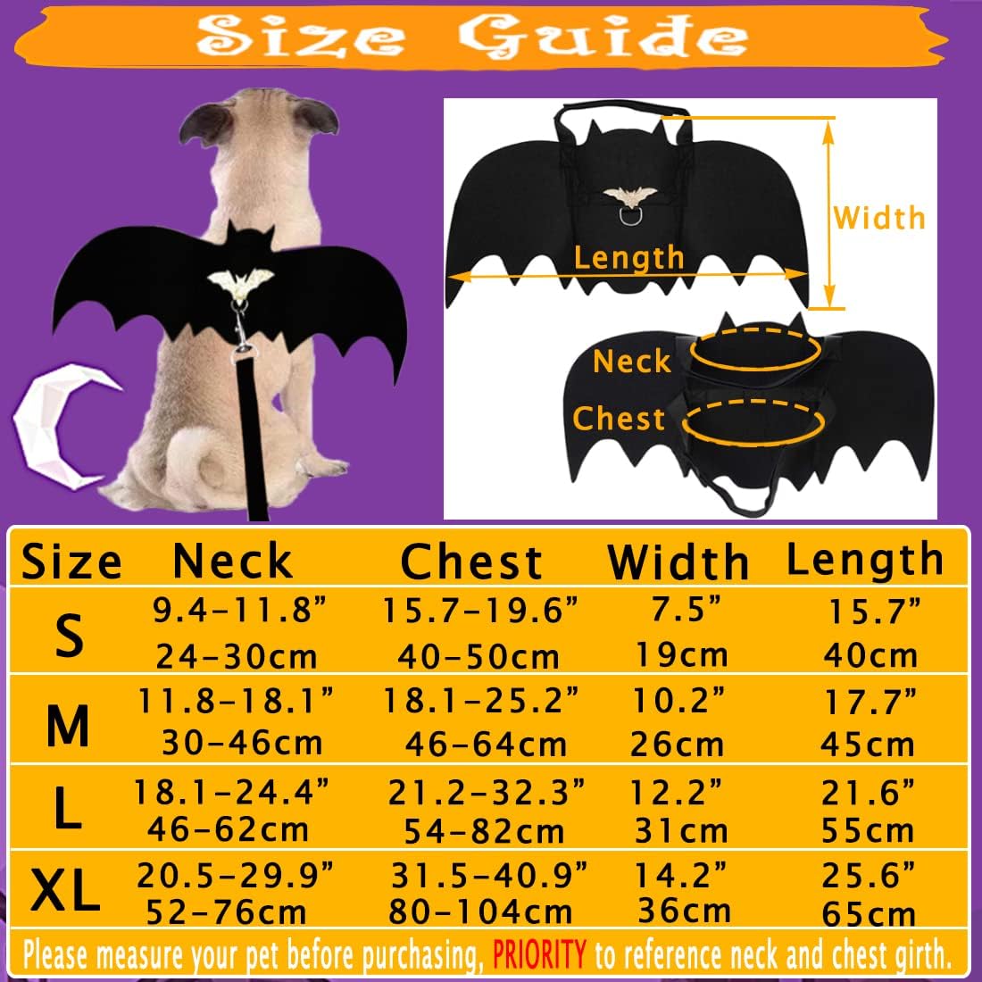 Alas de murciélago para perro, disfraz de Halloween para perros medianos y grandes, ropa divertida para perros con correas y campanas de calabaza,