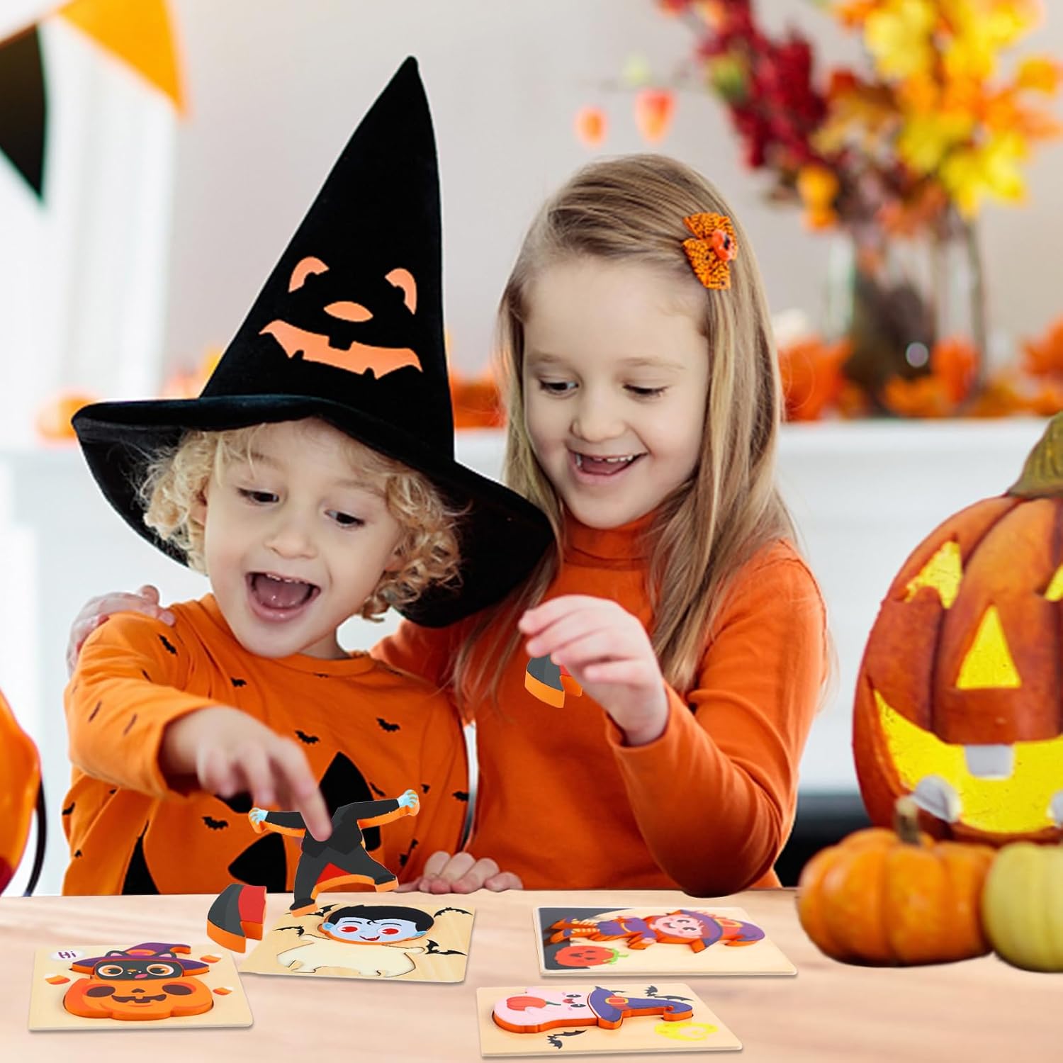 Rompecabezas de madera de Halloween para niños pequeños, paquete de 4 rompecabezas de madera de bruja fantasma calabaza para niños, relleno de
