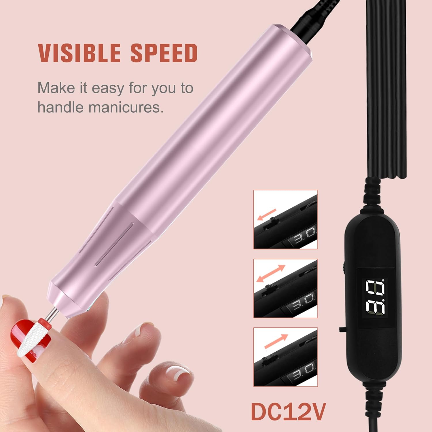 Uñas eléctricas portátiles con cabezal de pulido de cerámica, pantalla de visualización de archivos de uñas DC12V USB Strong Power Efile para uñas