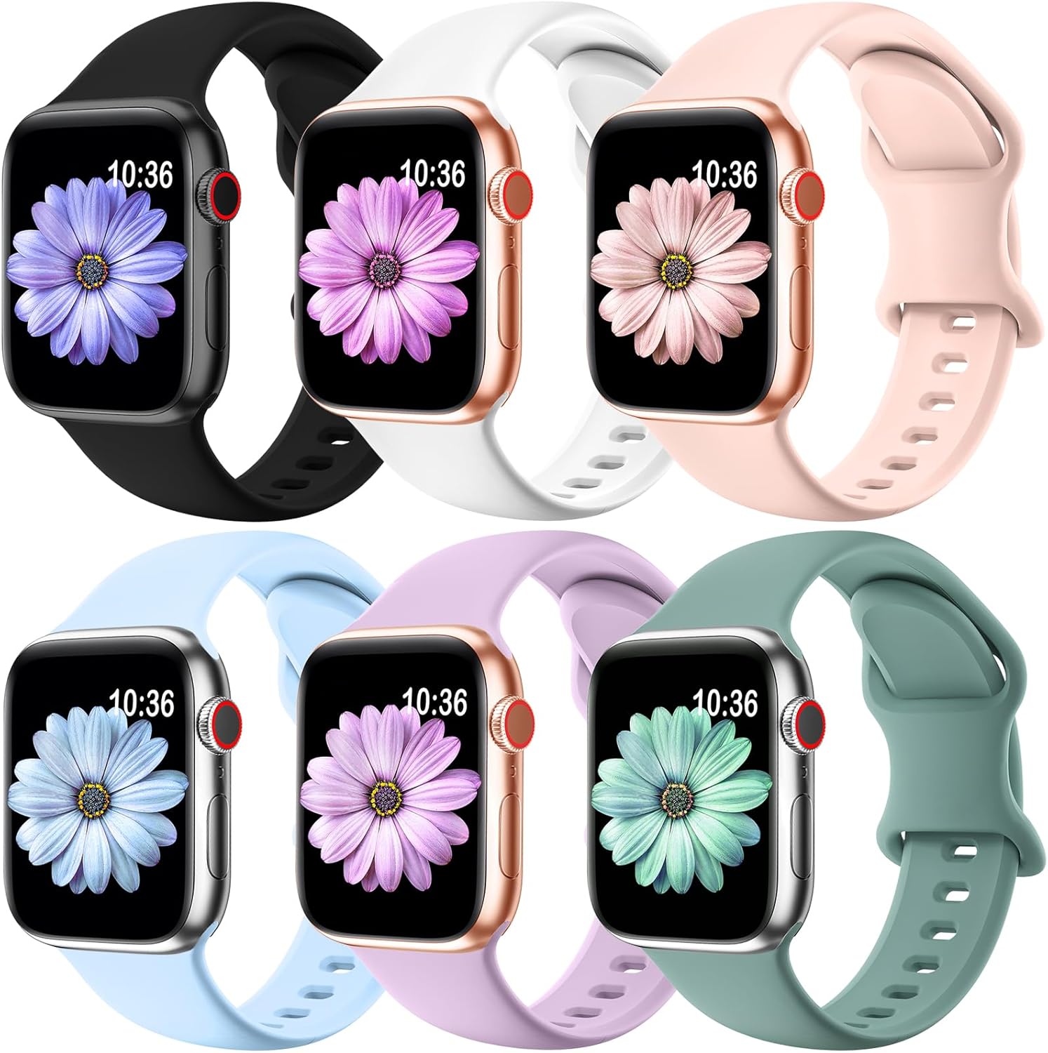 Paquete de 6 correas deportivas compatibles con Apple Watch de 1.575 pulgadas, 1.496 pulgadas, 1.614 pulgadas, 1.654 pulgadas, 1.732 pulgadas, 1.772