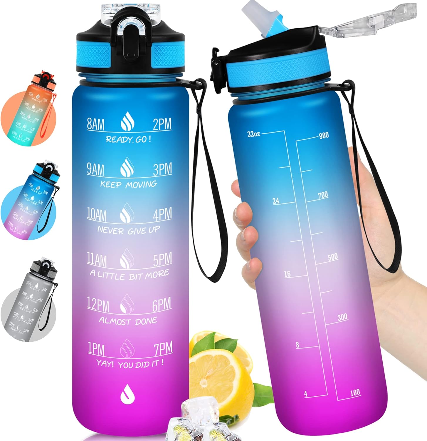ZOMAKE Botella de agua motivacional de 32 onzas con tiempos para beber, marcador de tiempo y filtro extraíble, flujo rápido, jarra de agua Tritan