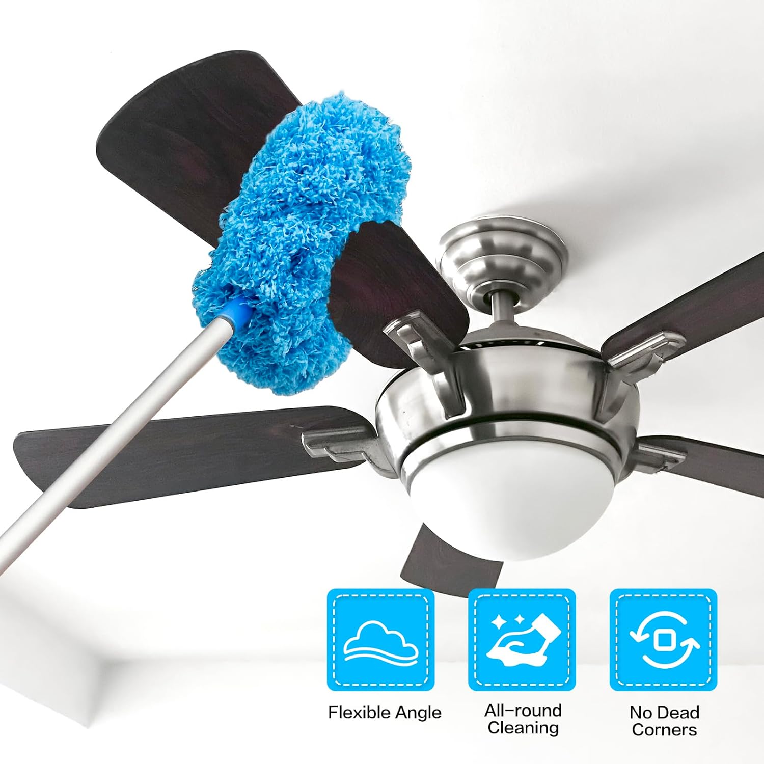 Limpiador de ventilador de techo reutilizable de microfibra para ventilador de techo, limpiador extraíble con poste de extensión que se ajusta de 13
