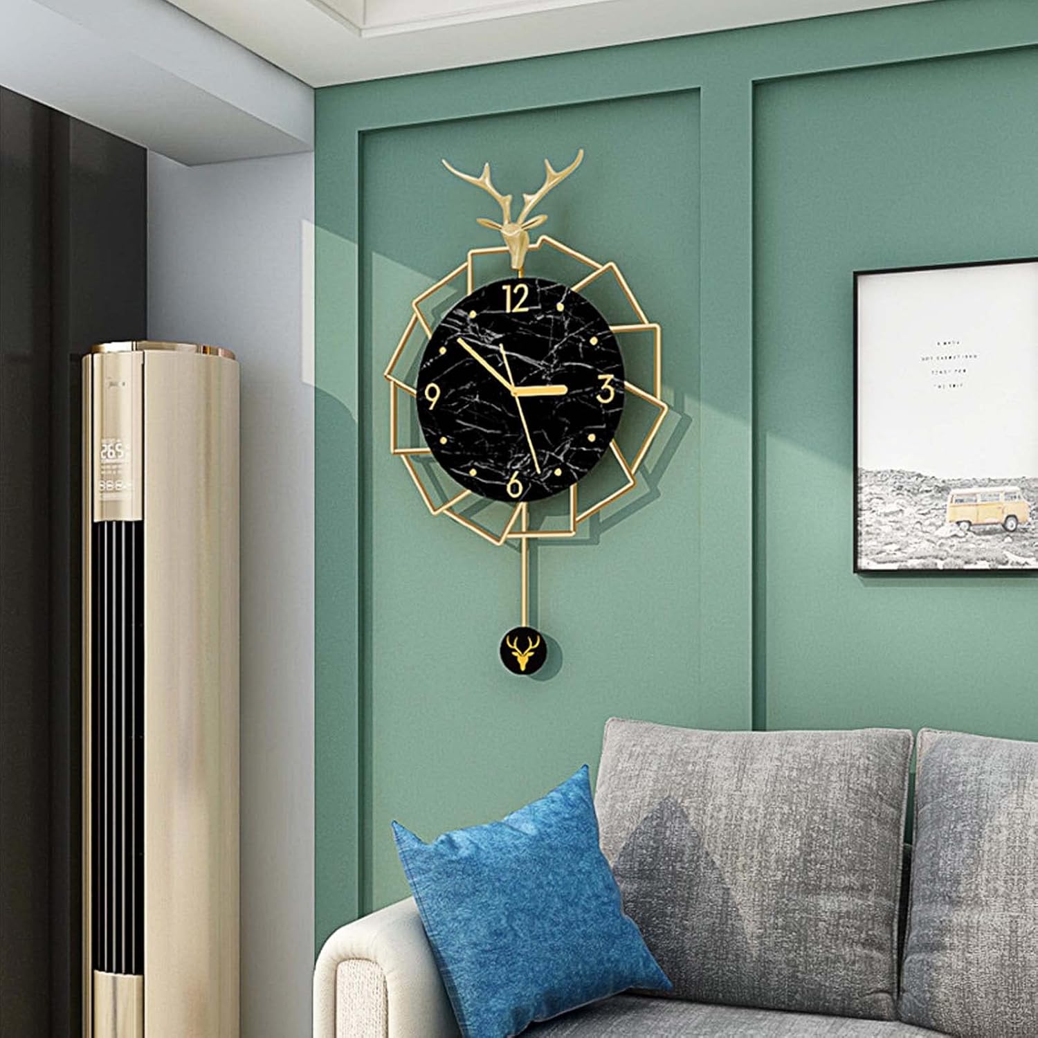 Reloj de pared moderno con decoración de péndulo, reloj de metal con cabeza de ciervo a pilas, reloj silencioso decoración de pared para sala de