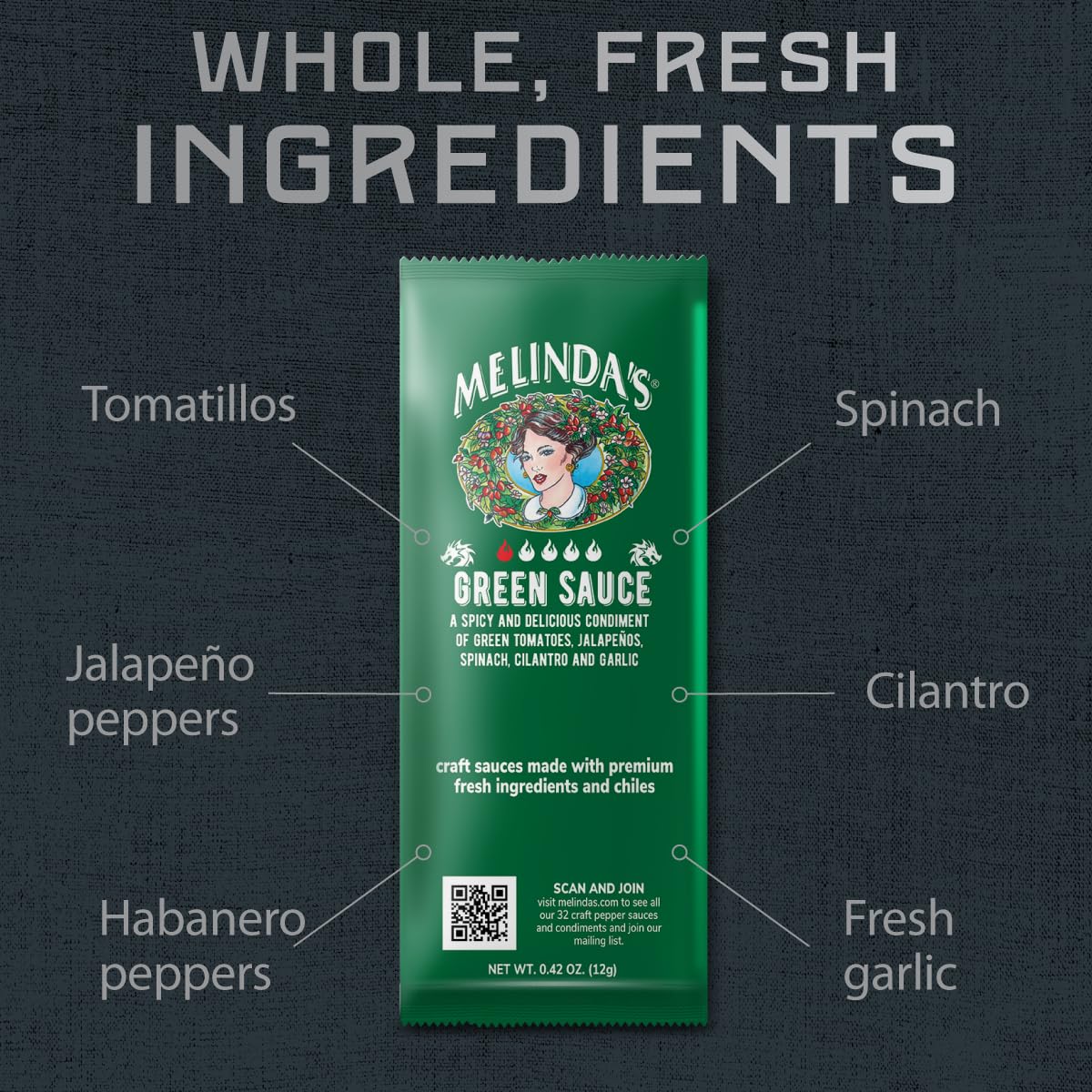 Melinda’s Paquetes de salsa verde  200 unidades (0.42 onzas cada uno)  Paquetes de salsa picante individuales para viajes, fiestas, negocios
