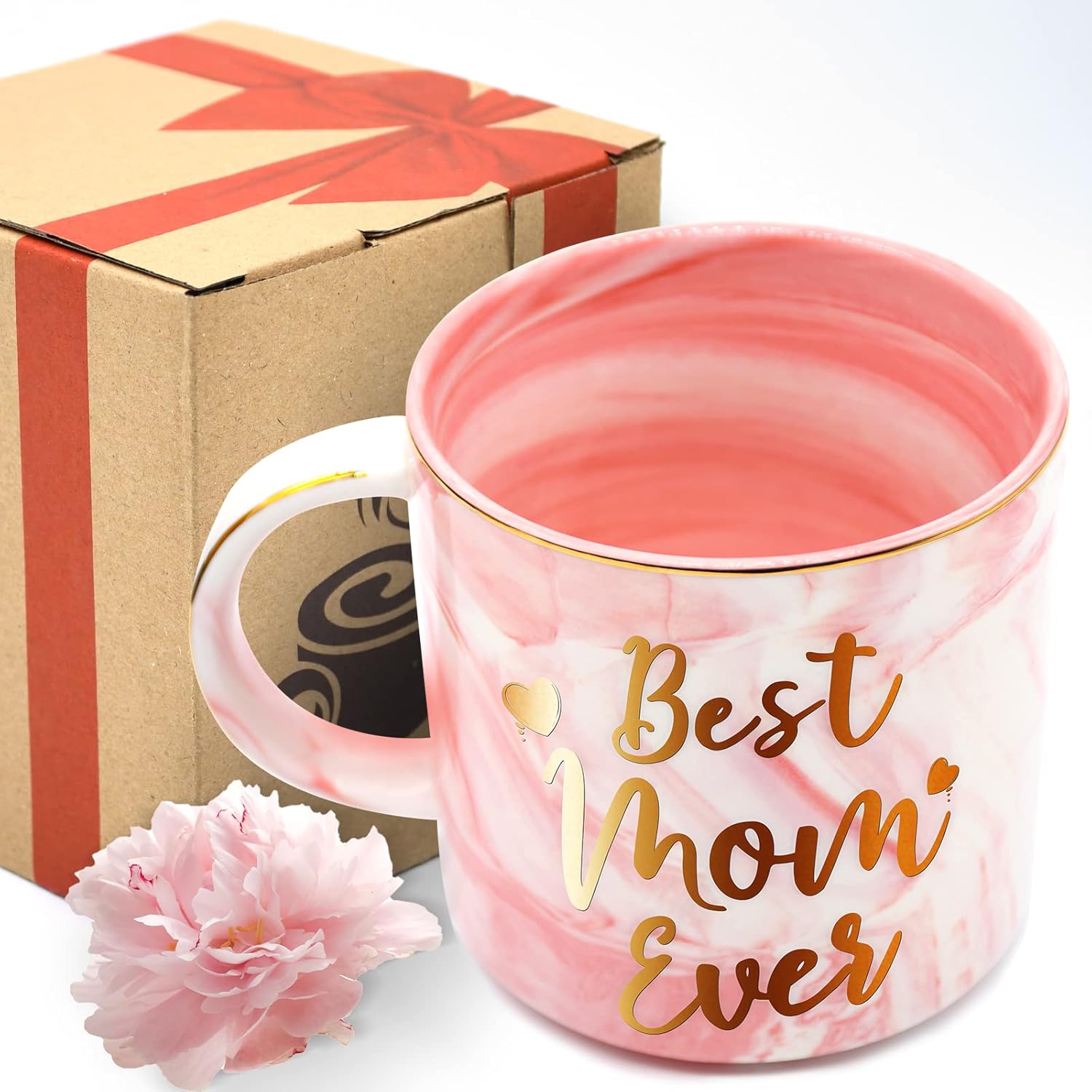 Taza de 12 onzas con la frase “Best Mom Ever” para mamá, divertida taza de café de cerámica con estampado doble de mármol rosa, para el Día de la