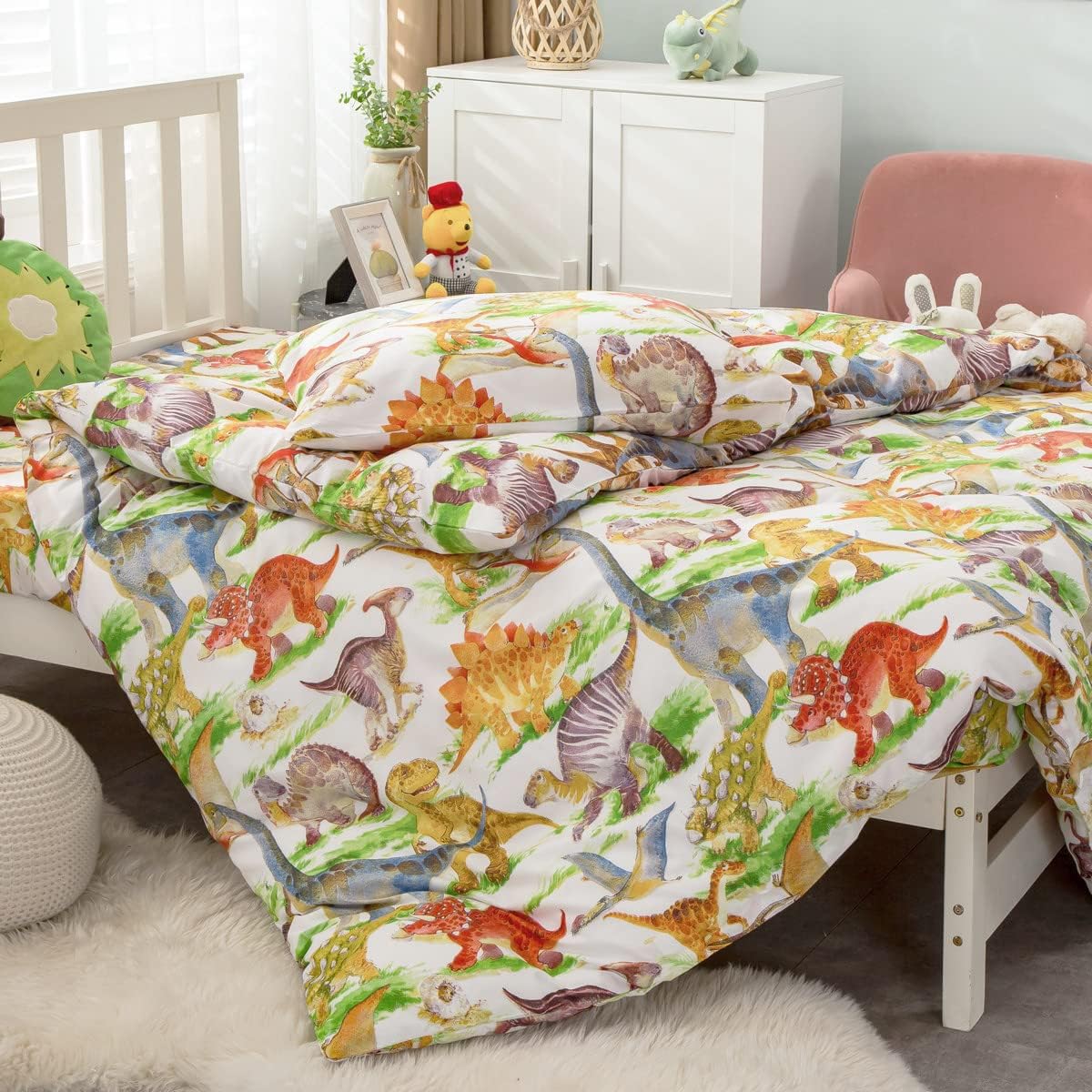 Feelyou Juego de ropa de cama de dinosaurio reversible para niños y niñas, funda de edredón de dinosaurio de 3 piezas, 1 funda de edredón + 2 fundas