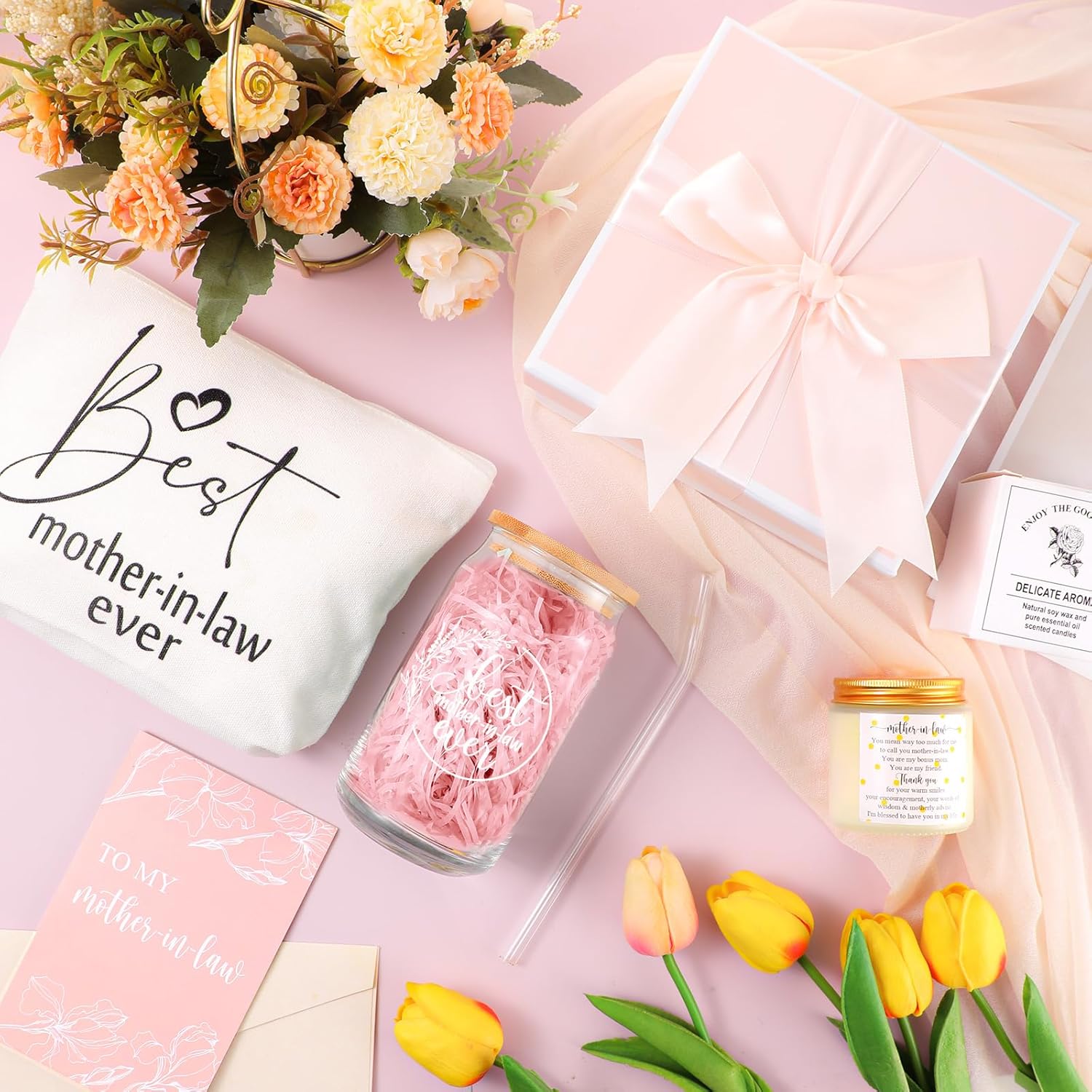 Nuanchu Juego de 5 piezas de regalo para la mejor mamá, taza de cristal de regalo para suegra con tapas de bambú y bolsa de maquillaje con pajita,