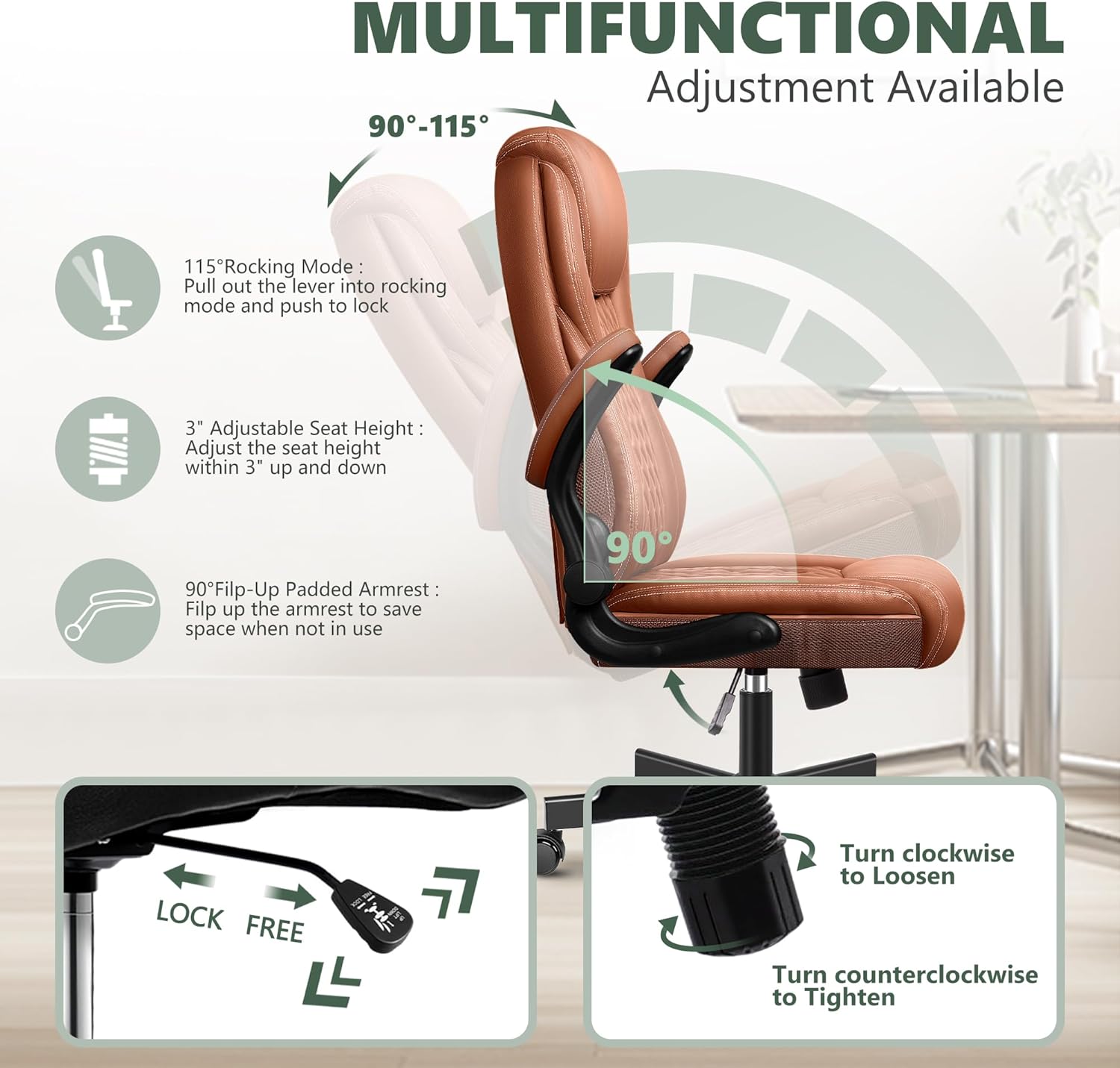 BestEra Silla de oficina ejecutiva ergonómica de cuero, silla ancha de oficina en casa con brazo abatible ajustable, silla de escritorio para
