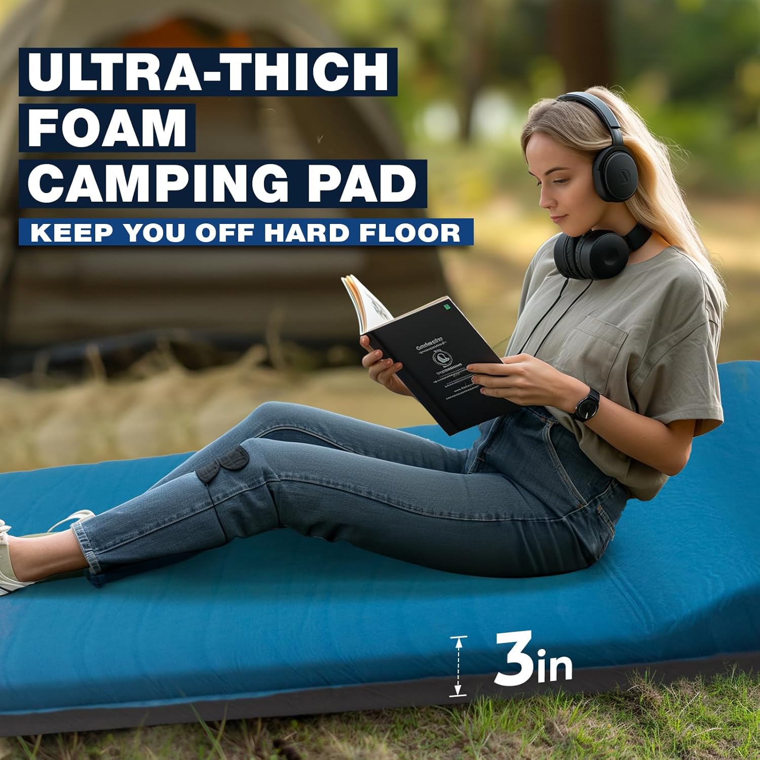 Overmont Colchoneta de dormir autoinflable de 3 pulgadas de grosor con almohada, colchón de espuma ancha, portátil, enrollable, para exteriores,