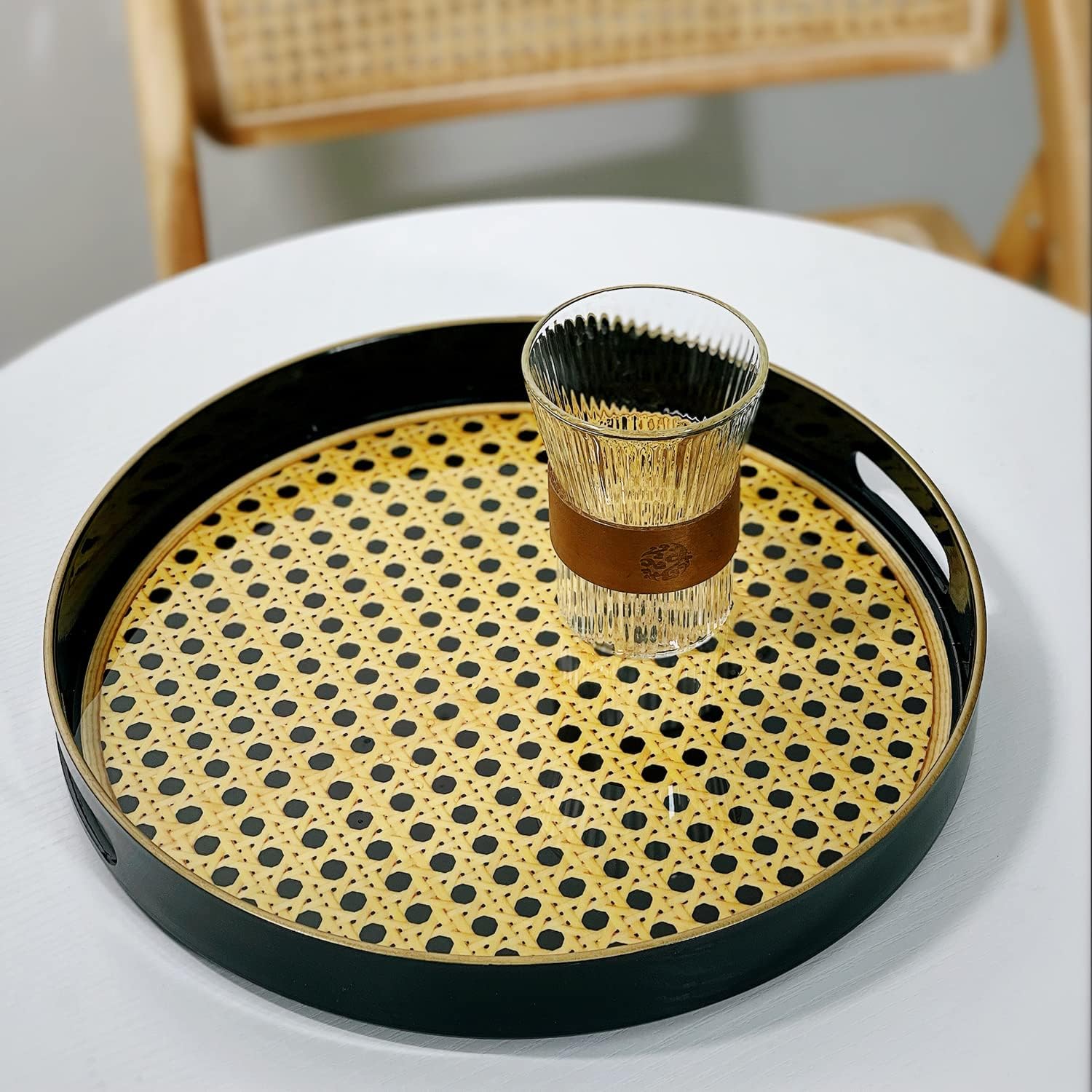 Zosenley Bandeja decorativa redonda, bandeja de plástico marmoleado con asas, moderna bandeja de tocador y bandeja para servir otomana, mesa