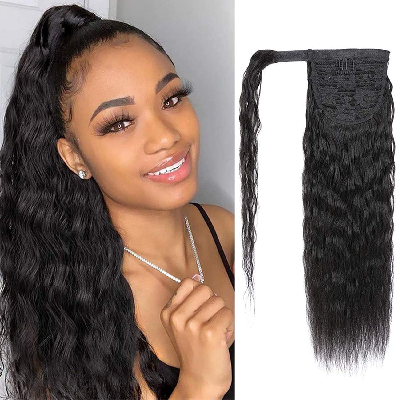 Extensiones de cabello humano 100 % real, cola de caballo envolvente, ondas de agua, pasta mágica, natural, ondulado, rizado profundo, para mujeres