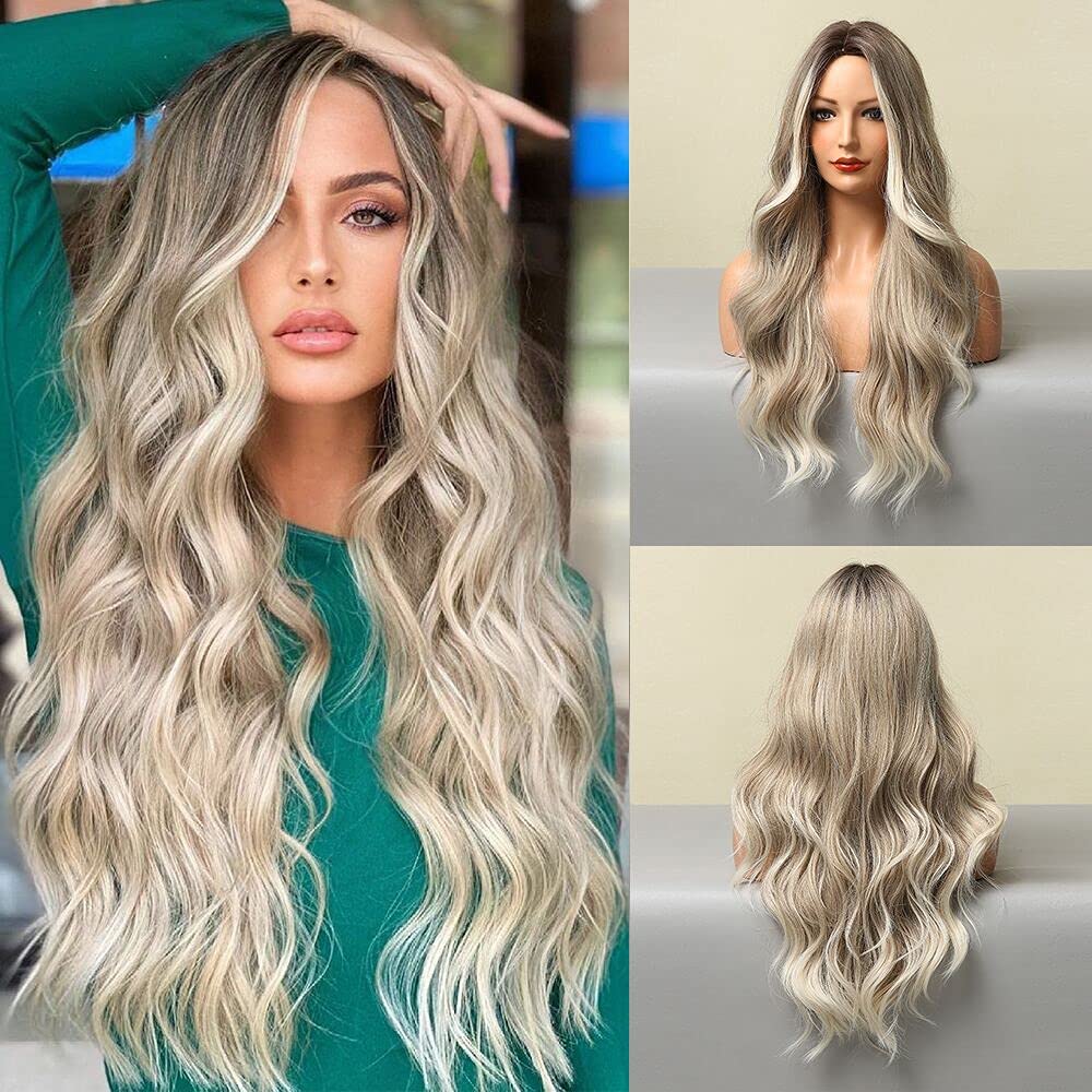 meierjia Peluca de oro degradado luminoso de 26 pulgadas encarna el encanto de moda con nuestra peluca de cabeza completa con onda grande, dividida