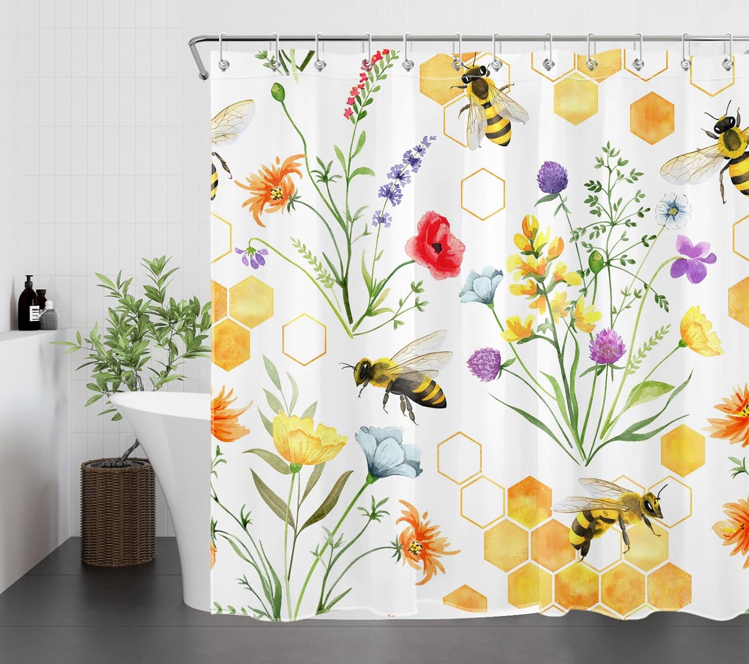 LB Aesthetic Wildflower Shower Curtain Cute Bee Orange Honeycomb Shower Curtain Set with Hooks Floral Green Plant Waterproof Washable Fabric Shower