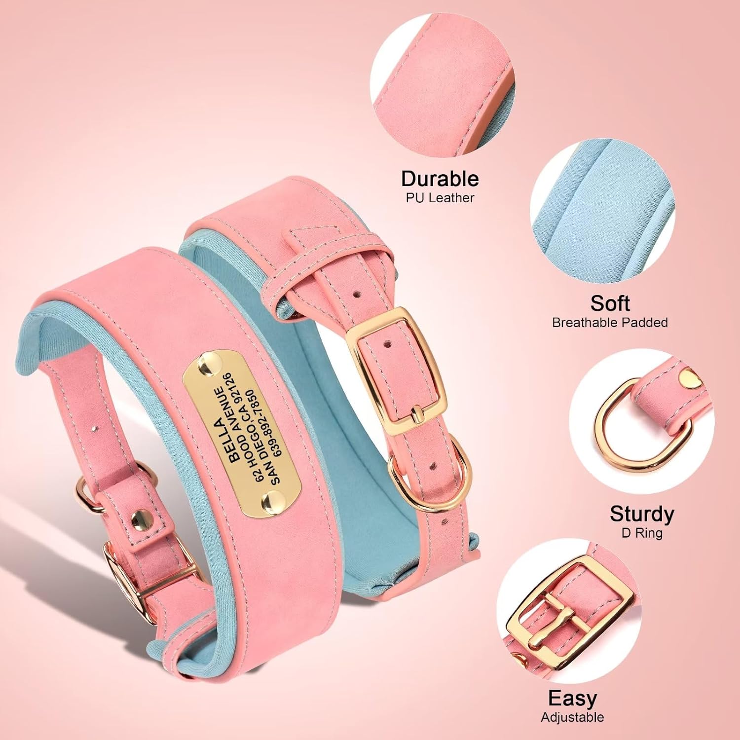 Didog Collares de perro personalizados y acolchados suaves, collar ancho de cuero para perro con placa de nombre, collar de perro ajustable