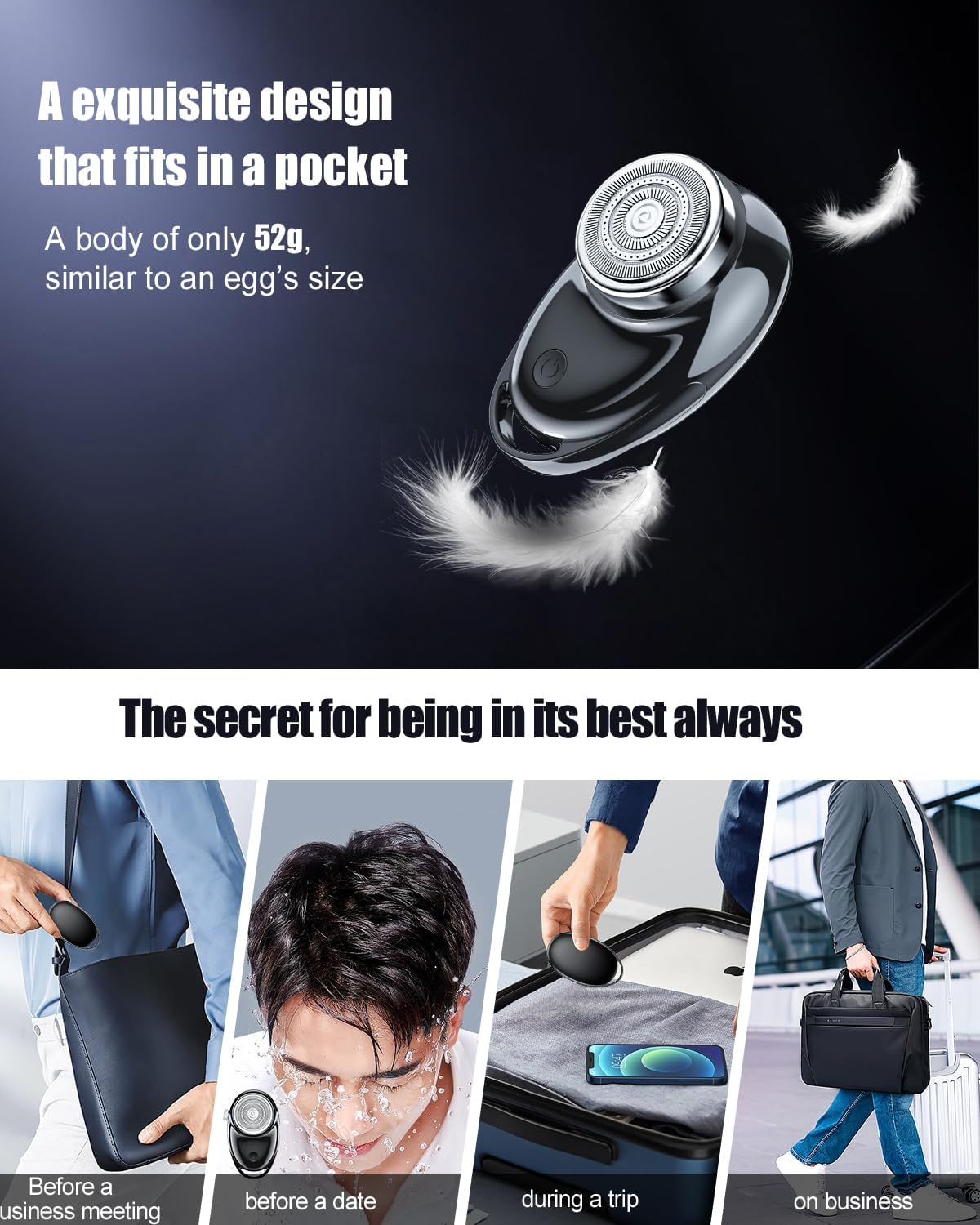 Afeitadora eléctrica de uso con un solo botón para hombre, rotativa, portátil, tamaño de bolsillo, recargable, húmedo y seco, IPX6 impermeable,