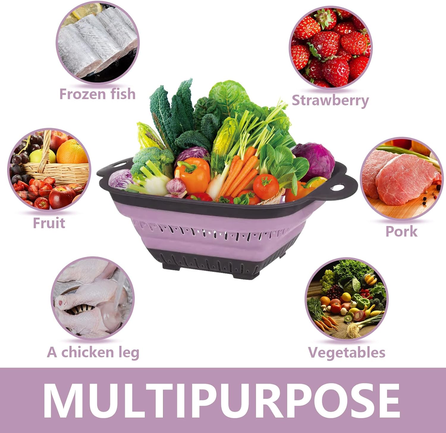 Colador plegable, colador de alimentos de silicona sin BPA, colador plegable de cocina, perfecto para cocina, drenaje, pasta, verduras, frutas y