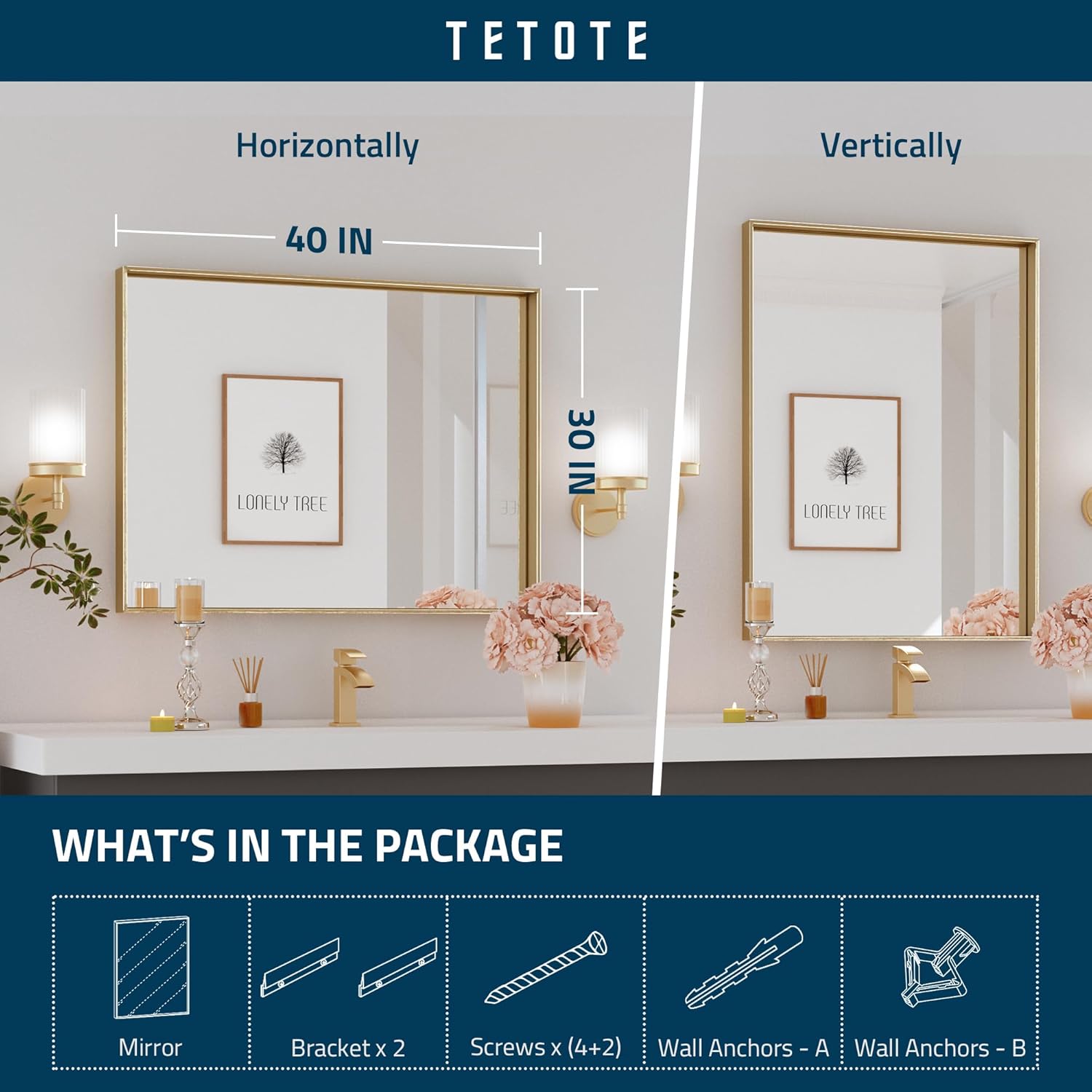 TETOTE Espejo de baño dorado cepillado de 40 x 30 pulgadas, espejo rectangular con marco dorado para tocador de baño, espejo de pared grande y