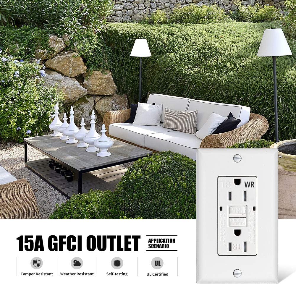 Receptáculo de salida GFCI de 15 amperios, resistente a la intemperie, autocomprobación, resistente a manipulaciones, dúplex, interruptor de