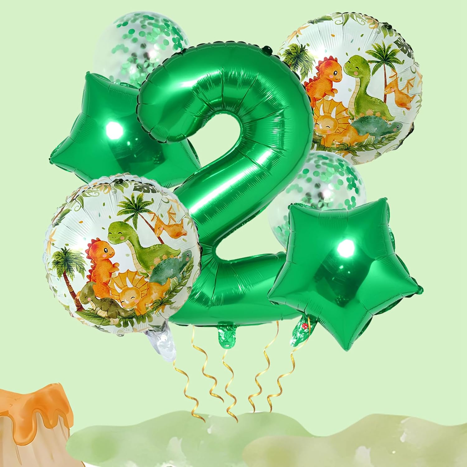 Decoraciones de globos de dinosaurio de 2 cumpleaños para niños, globo verde número 2 para decoración de cumpleaños de niños, dinosaurio rancho