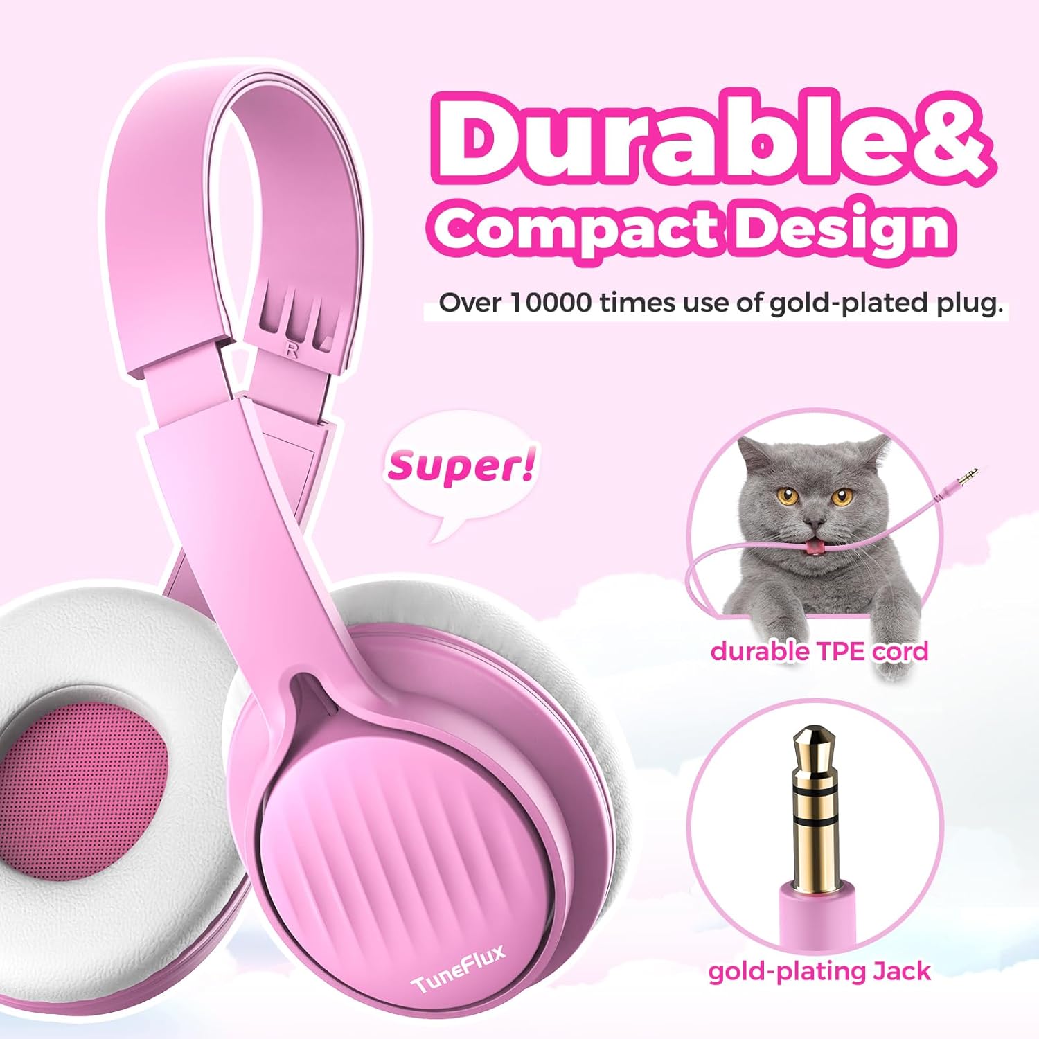 TuneFlux Auriculares para niños, auriculares para niños pequeños con limitador de volumen seguro de 85 dB, auriculares escolares con cable para