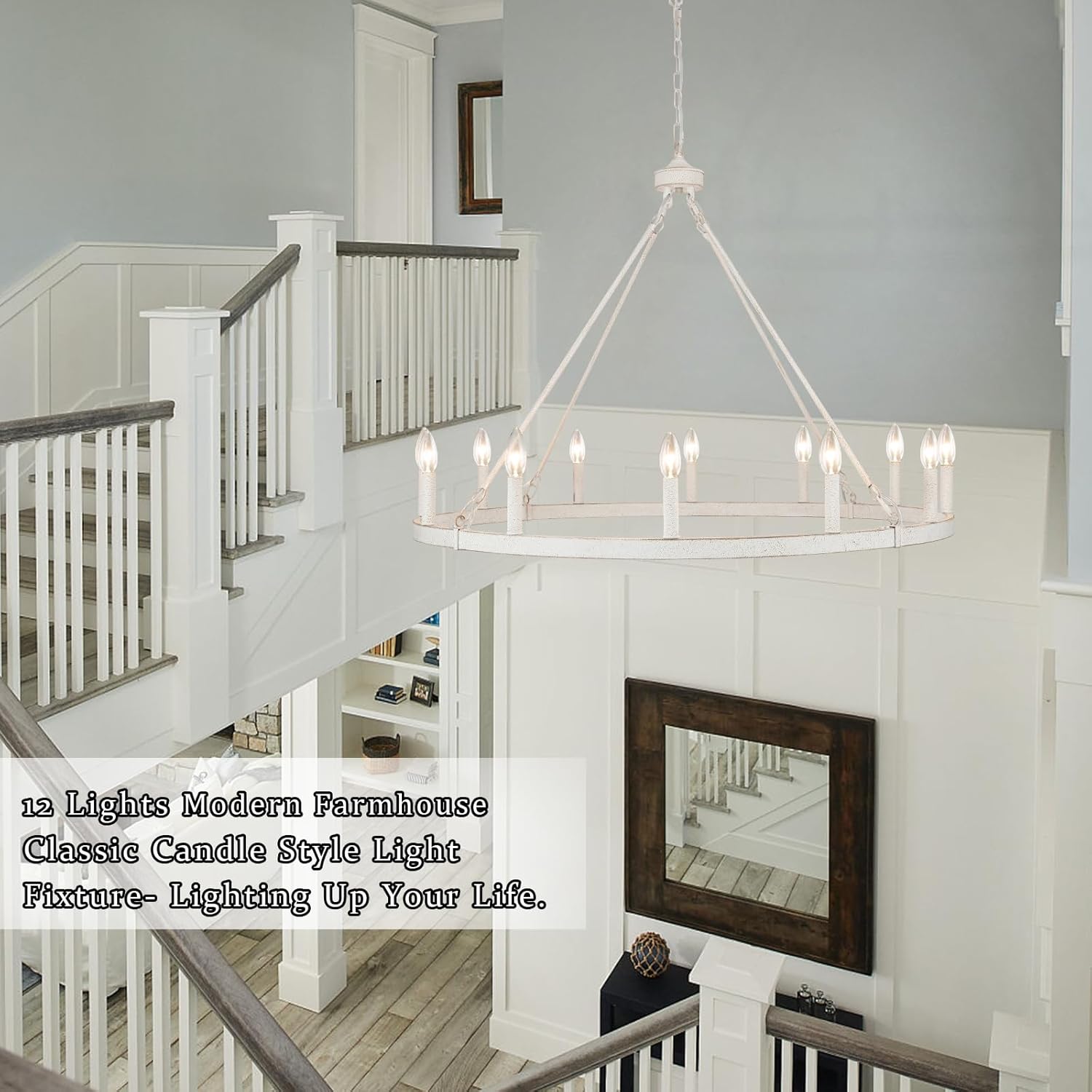 Candelabro blanco con 12 luces estilo madera clara, con ruedas de carro, lámpara grande para techos altos, de 38 pulgadas, para casa de campo, al