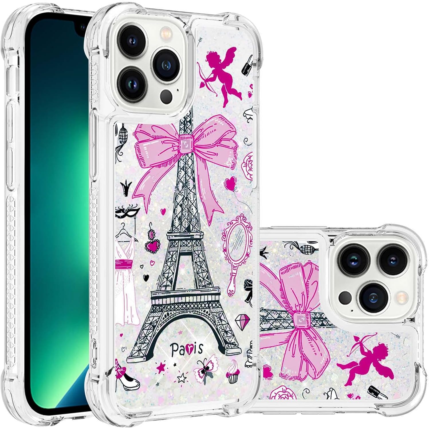 Funda para iPhone 15 Quicksand Case, Glitter Floating Clear Quicksand Airbag Soft TPU Silicona a prueba de golpes de lente protector de pantalla