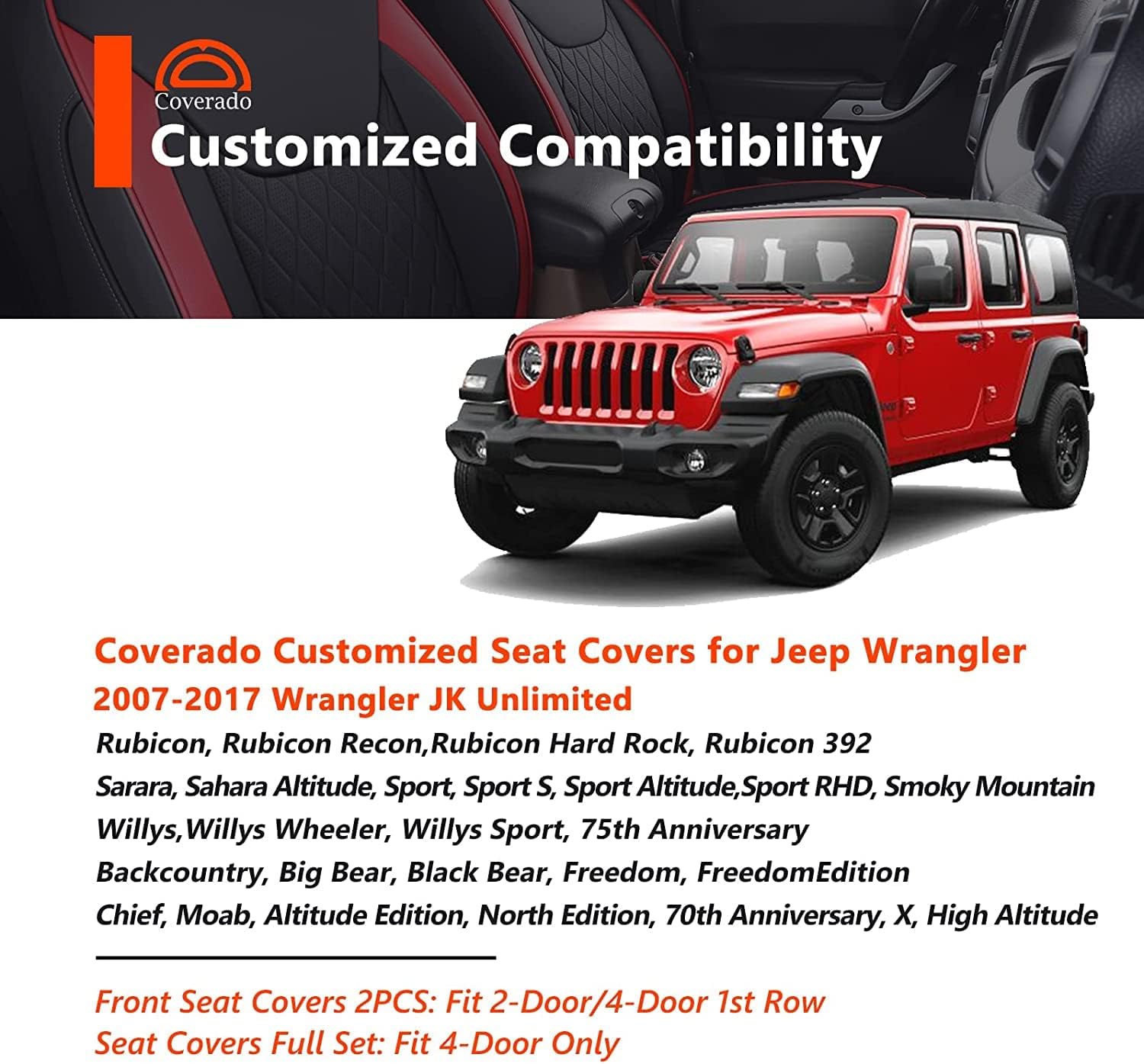 Coverado Jeep Wrangler JK JL – Juego completo de fundas de asiento de automóvil de 4 puertas, fundas impermeables para asientos de automóvil, ajuste