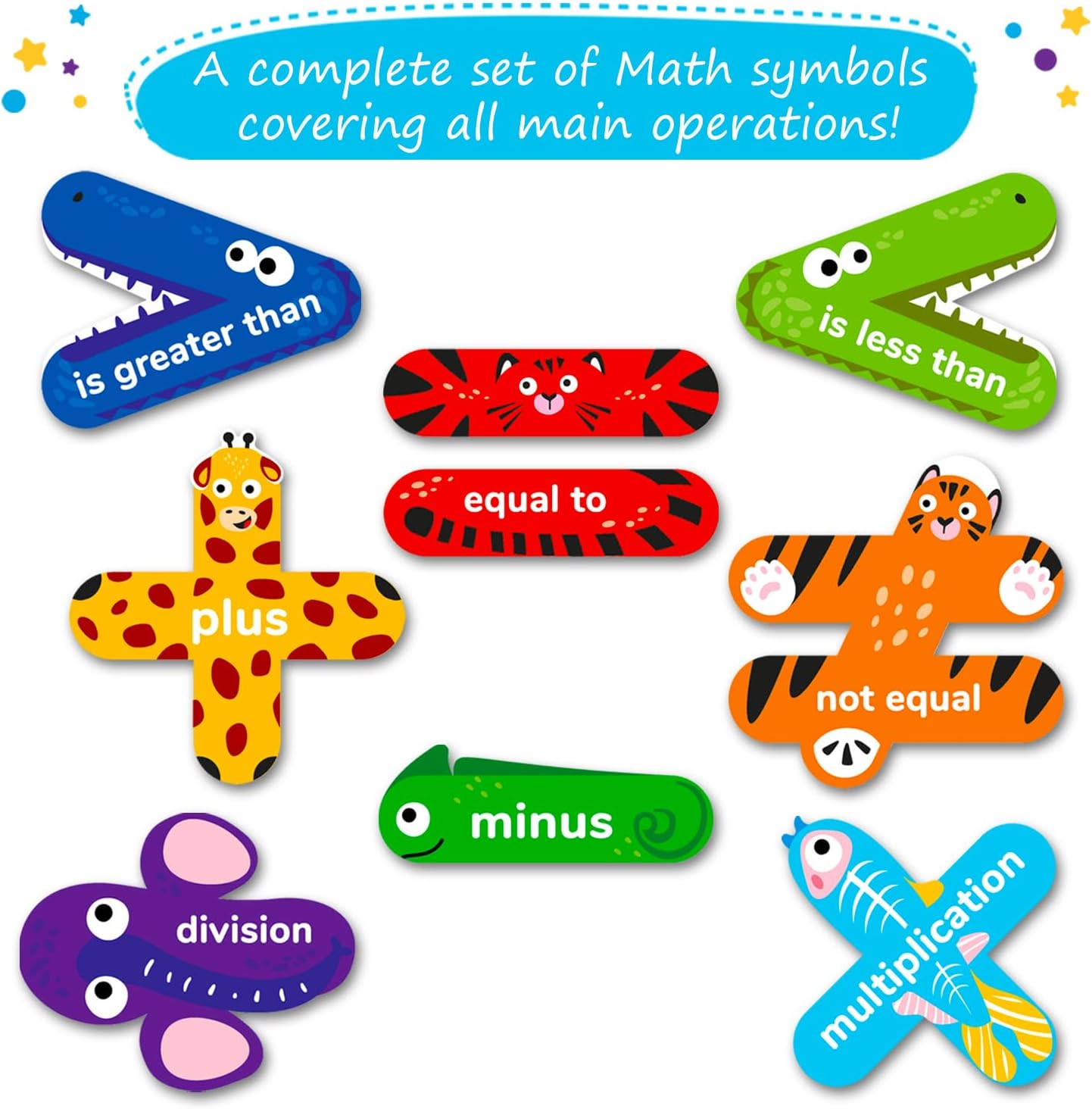 Paquete de 8 divertidos letreros matemáticos, imanes de matemáticas de animales, juegos de signos de mayor que menos que cocodrilo, suministros para