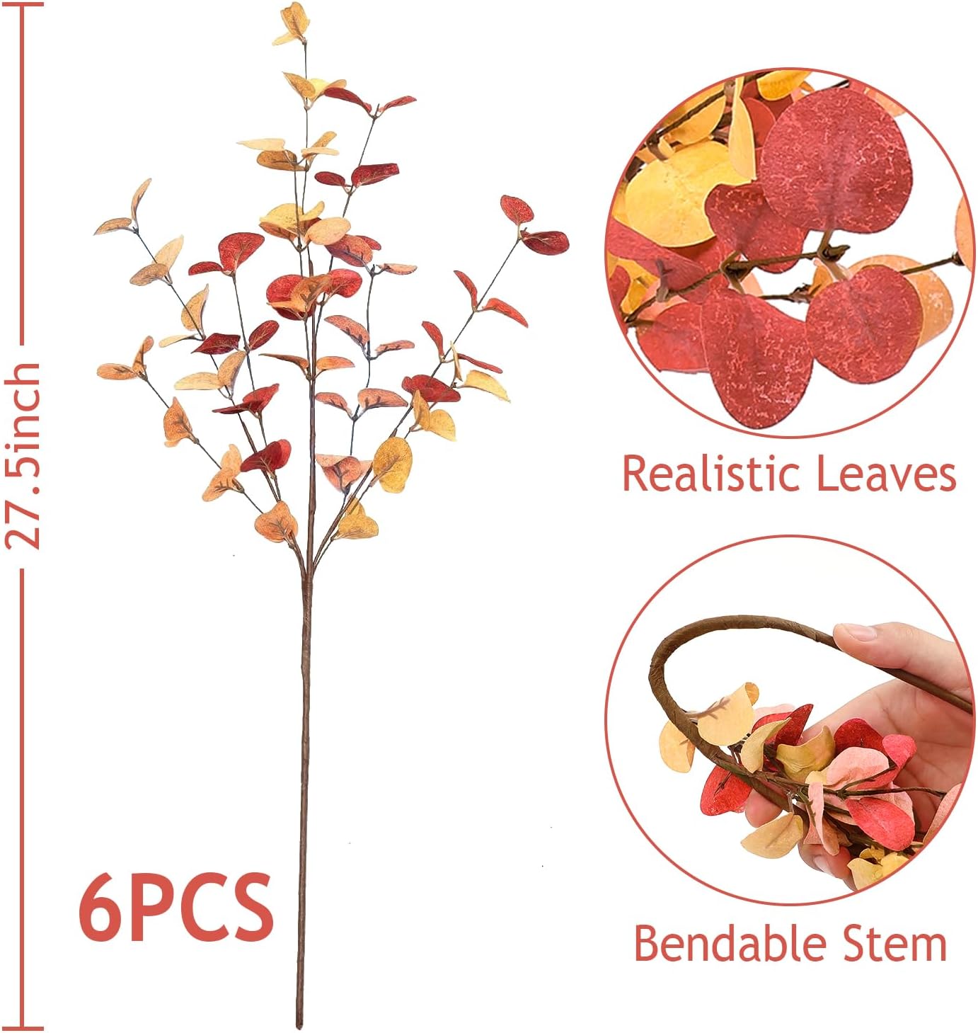 Sawowkuya 6 hojas artificiales de eucalipto de otoño, hojas de otoño, arreglos florales de otoño falsos, tallos florales de otoño, tallos de otoño