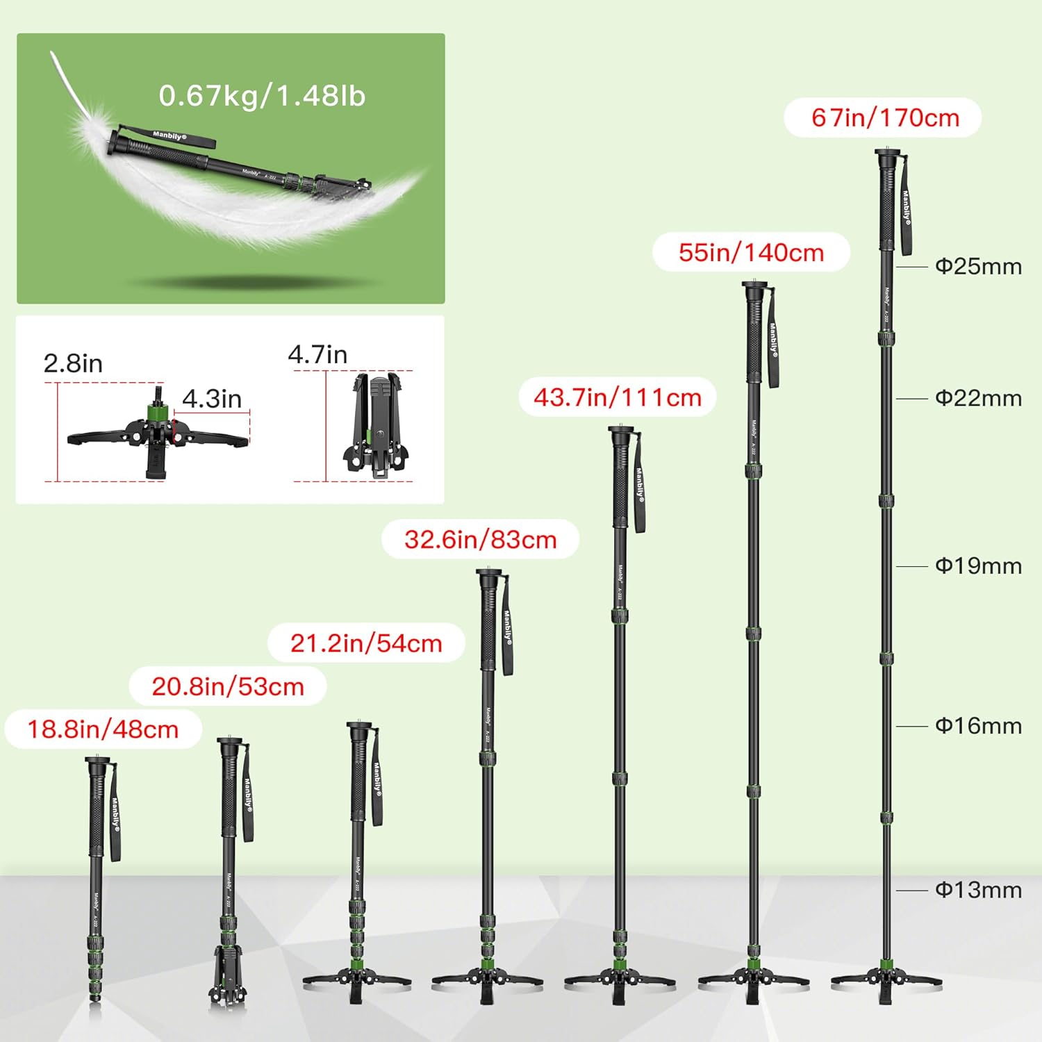 Monopod con pies, monopie para cámara Manbily de 67 pulgadas, soporte monopie de aluminio con base de trípode, monopie de viaje ligero para cámara