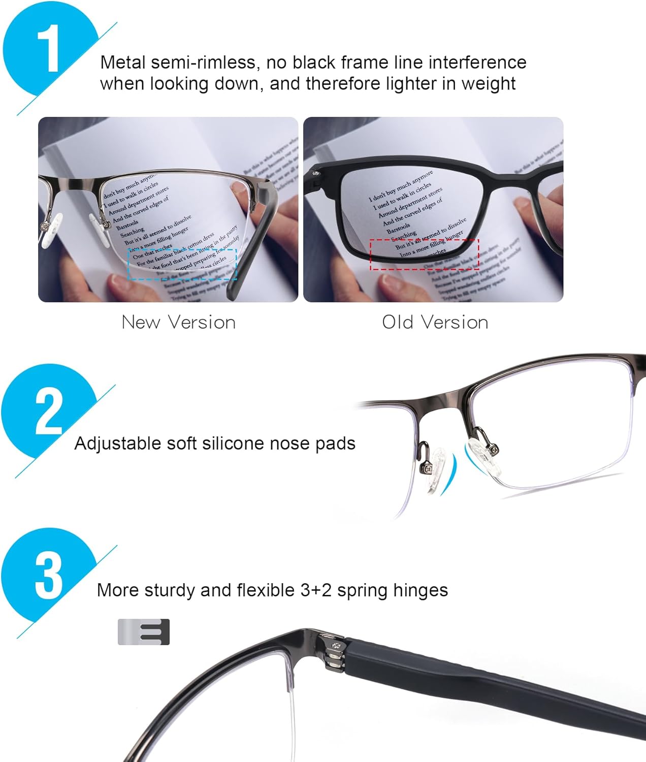 Missfive Paquete de 2 lentes de lectura progresivos multienfoque de calidad para hombre, bloqueo de luz azul, bisagra de resorte para hombre, sin