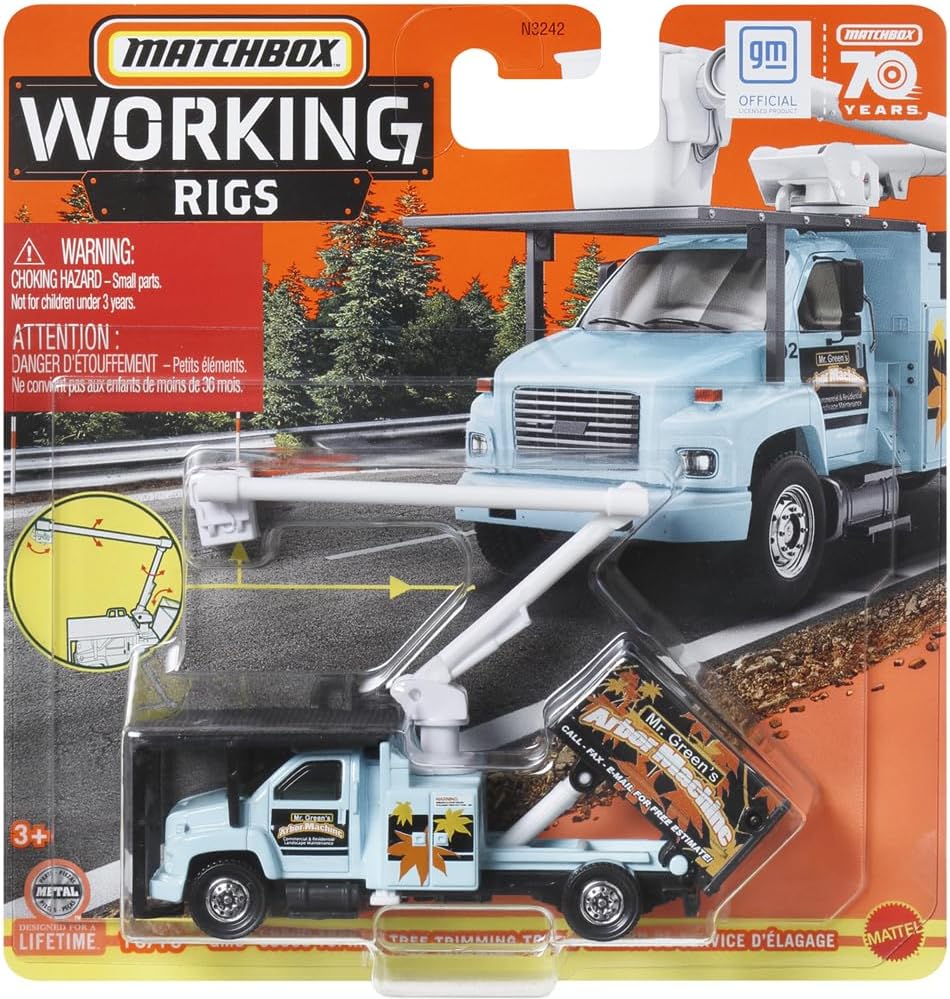 Matchbox – Vehículo fundido a presión para equipos de trabajo – GMC C8500 Topkick – Camión de poda de árboles  Azul claro  Serie 70 aniversario