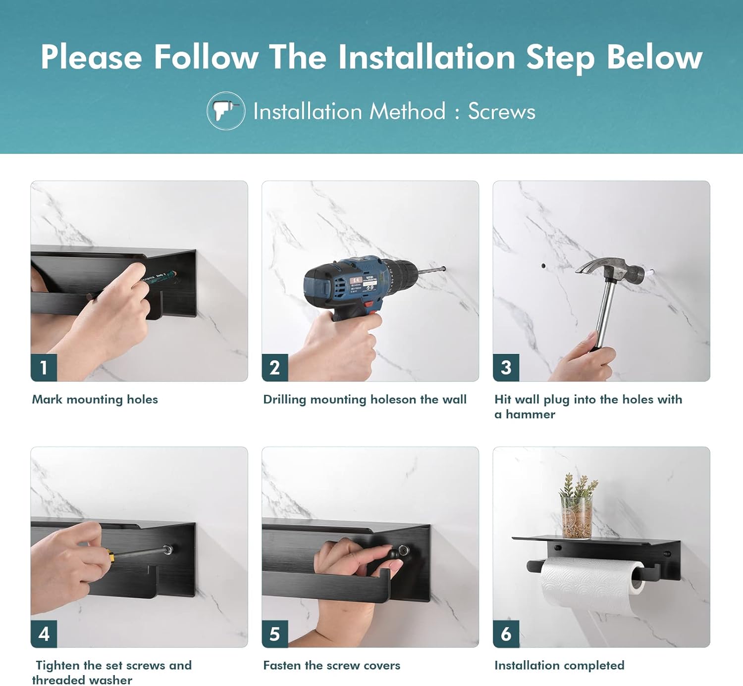 Soporte de pared para toallas de papel para cocina, soporte autoadhesivo para toallas de papel con estante para baño, aluminio antioxidante, sin