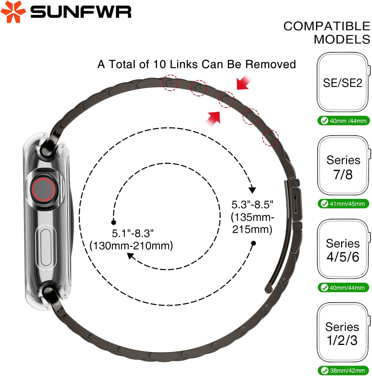 SUNFWR Compatible con Apple Watch Band de 1.614 pulgadas, 1.575 pulgadas, 1.496 pulgadas, para mujeres y hombres, correa de metal de acero