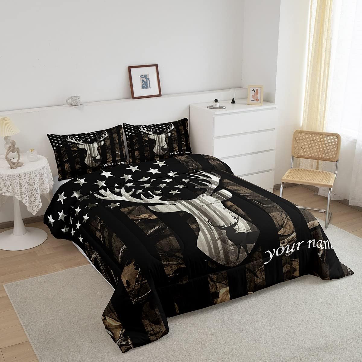 Juego de edredón personalizado con diseño de bandera estadounidense de camuflaje para niños, tamaño Queen, decoración de dormitorio de niñas y