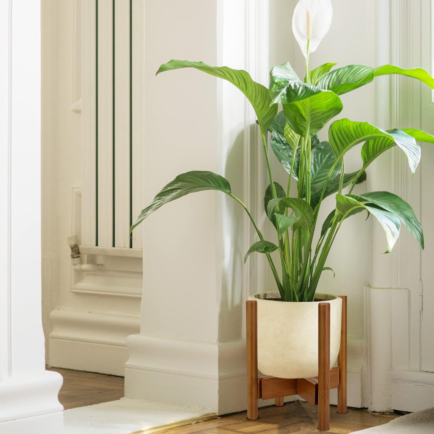 Blvornl Paquete de 1 soporte ajustable para plantas de interior, soporte para plantas de mediados de siglo, soporte estable de bambú para macetas de